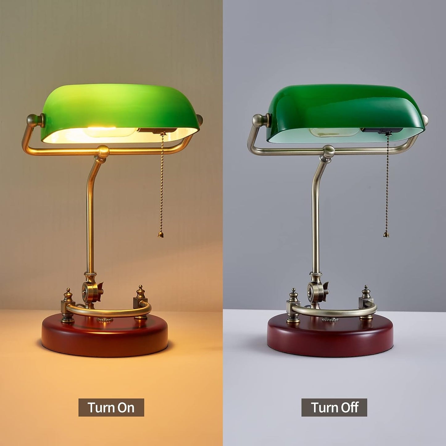 Bankers Lamp Traditional Green Glass Desk Lamp Solid Wood Pull Chain Switch | Plug in Antique Study Reading Library