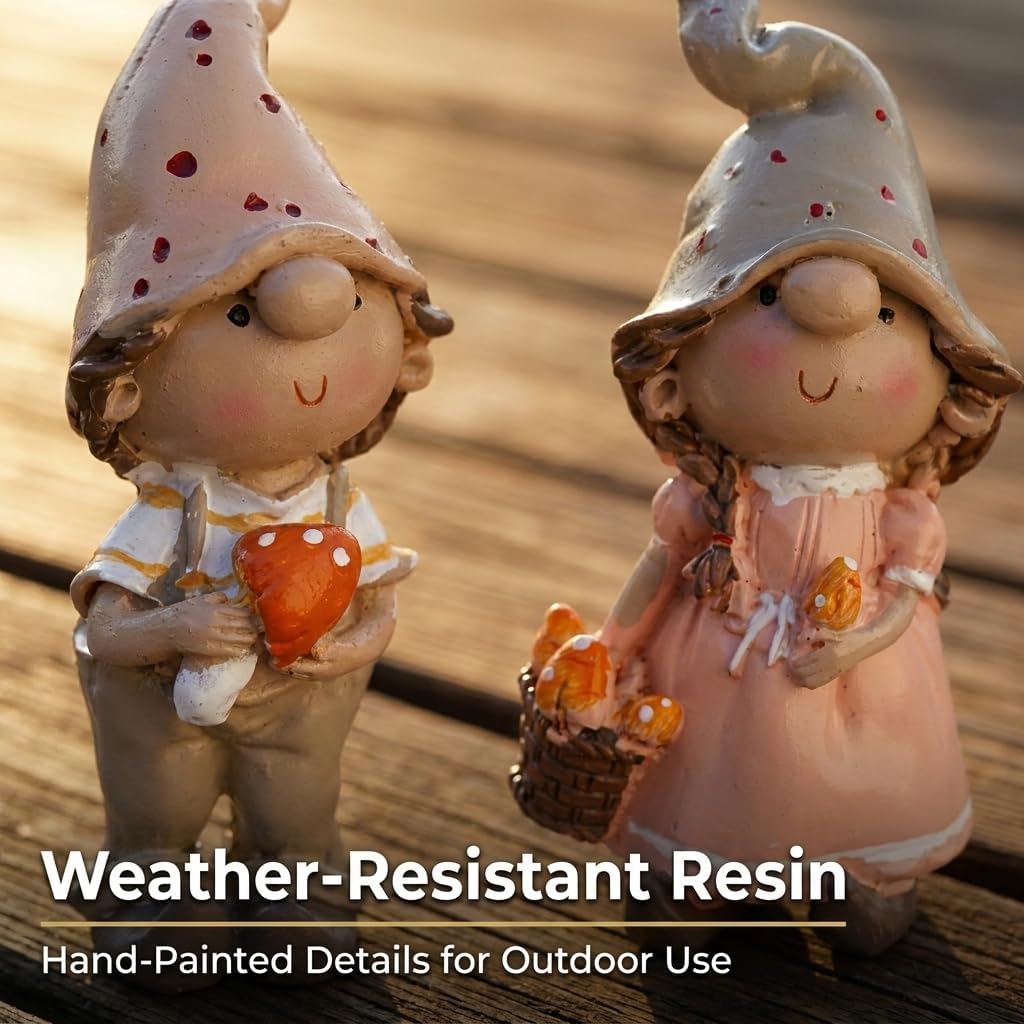 2-Piece Fairy Garden Accessories Outdoor Boy and Girl Mushroom Figurines Resin Small Garden Statues