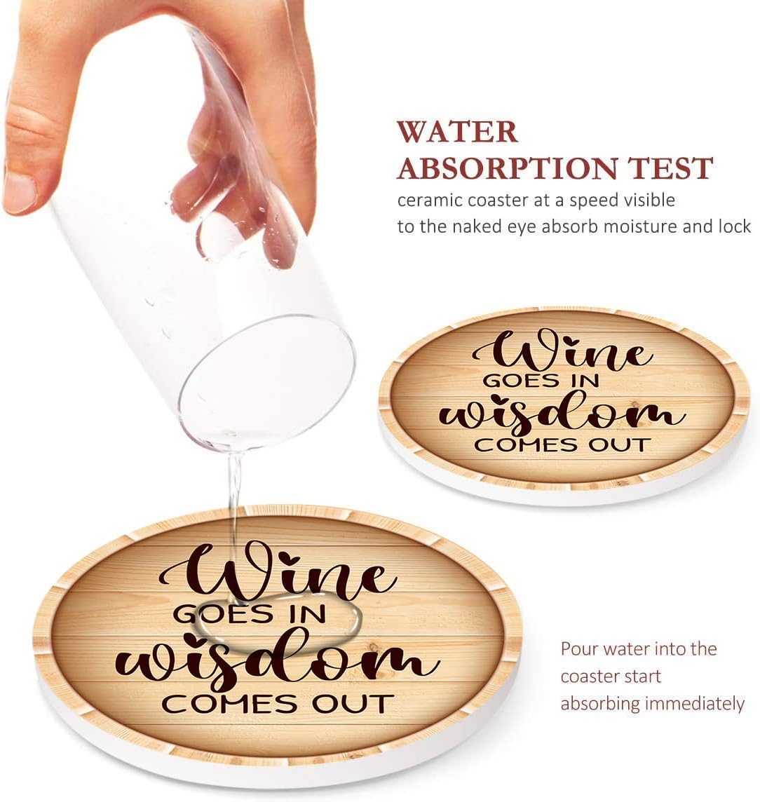 Wine Stamp Wooden Bottle Absorbent Round Ceramic Stone Mat / Retro 8 / Set of 6