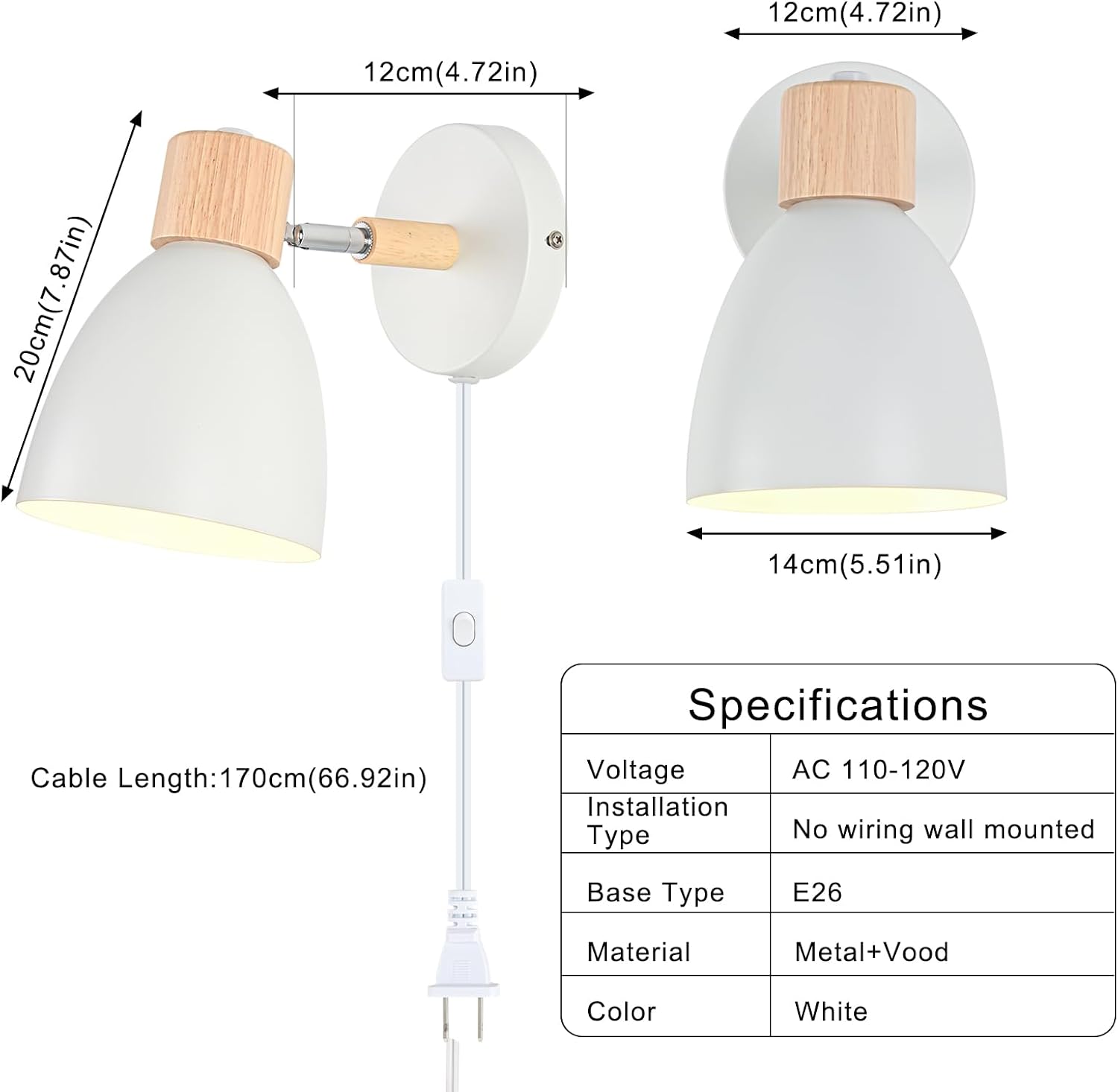 Wall Sconces Plug in, Swing Arm Wall Lamp with Power Cord, White Plug in Wall Lighting Fixtures Set of Two, Bedside