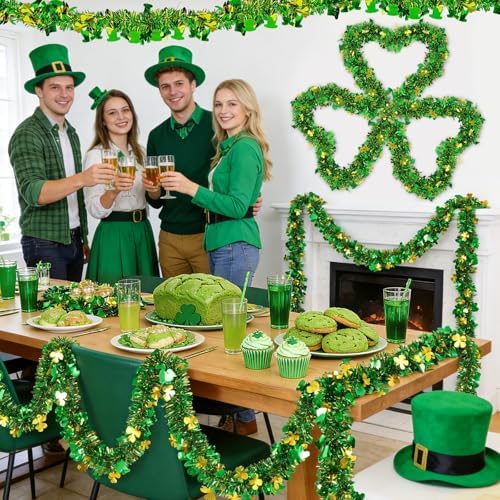 St Patrick's Day Tinsel Garland 33FT Gold Green Shamrock Hat Tinsel Garland Shiny Clover Metallic Hanging Decoration Irish Shamrock Garlands for Home Indoor Outdoor St Patrick Irish Home Decor