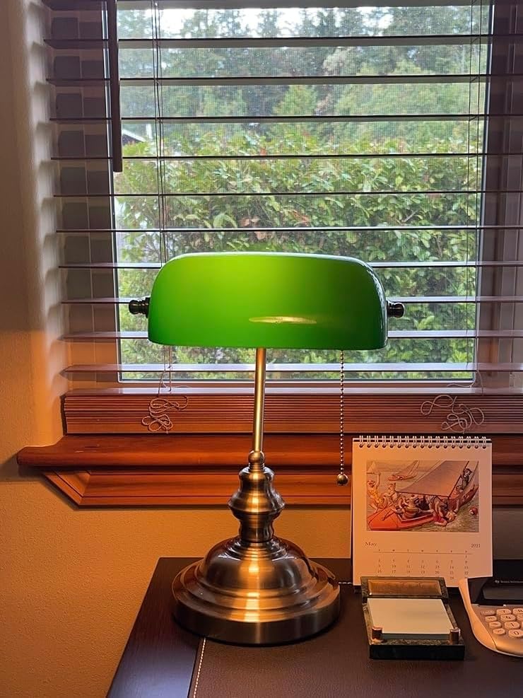 FIRVRE Green Bankers lamp, Antique Desk Lamps with Brass Base, Library Lamp with Pull Chain, Retro Desk Lamp for Home