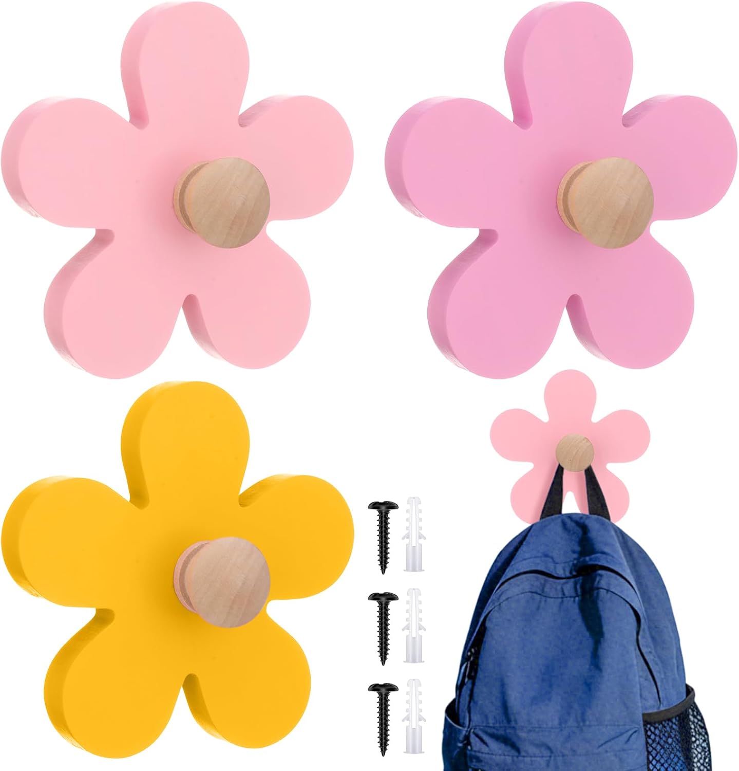 Pcs Daisy Wall Hooks Wood Flower Towel Hooks Flower Decorative / Yellow, Pink, Purple / Set of 3