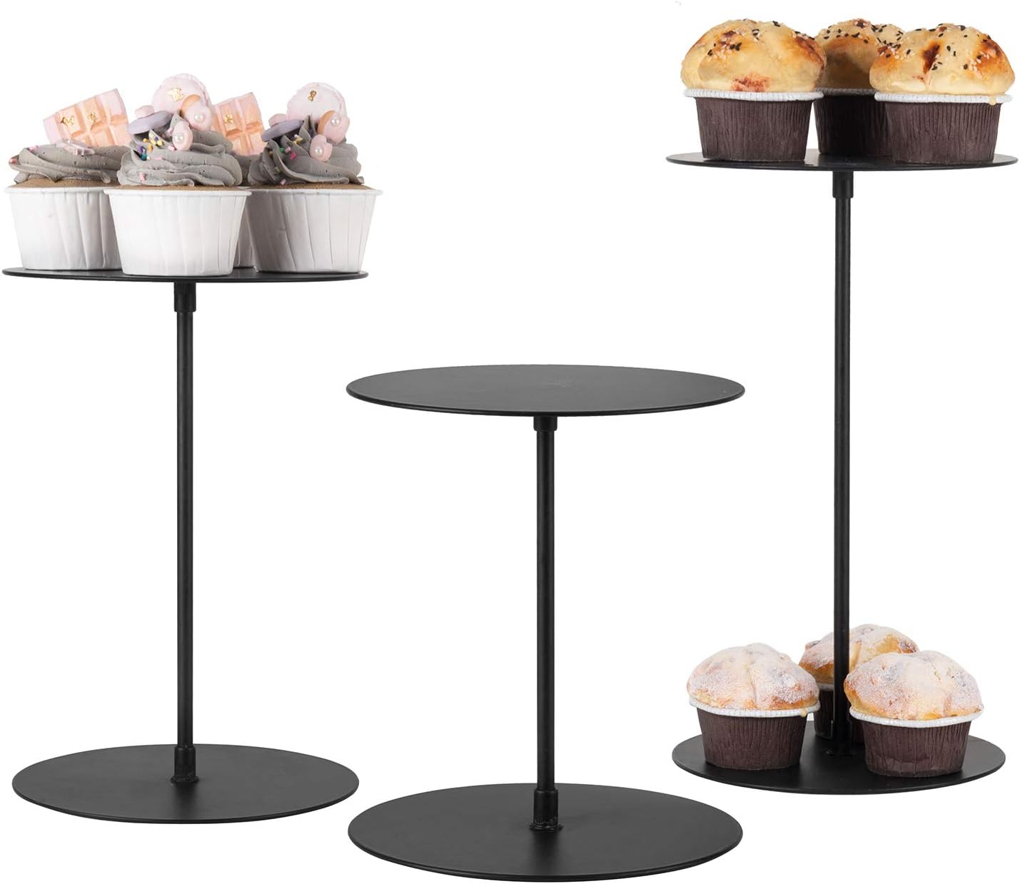 MyGift Decorative Black Metal Cupcake Stand, Tabletop Food Display Riser, Retail Showcase Pedestal Stand, Set of 3