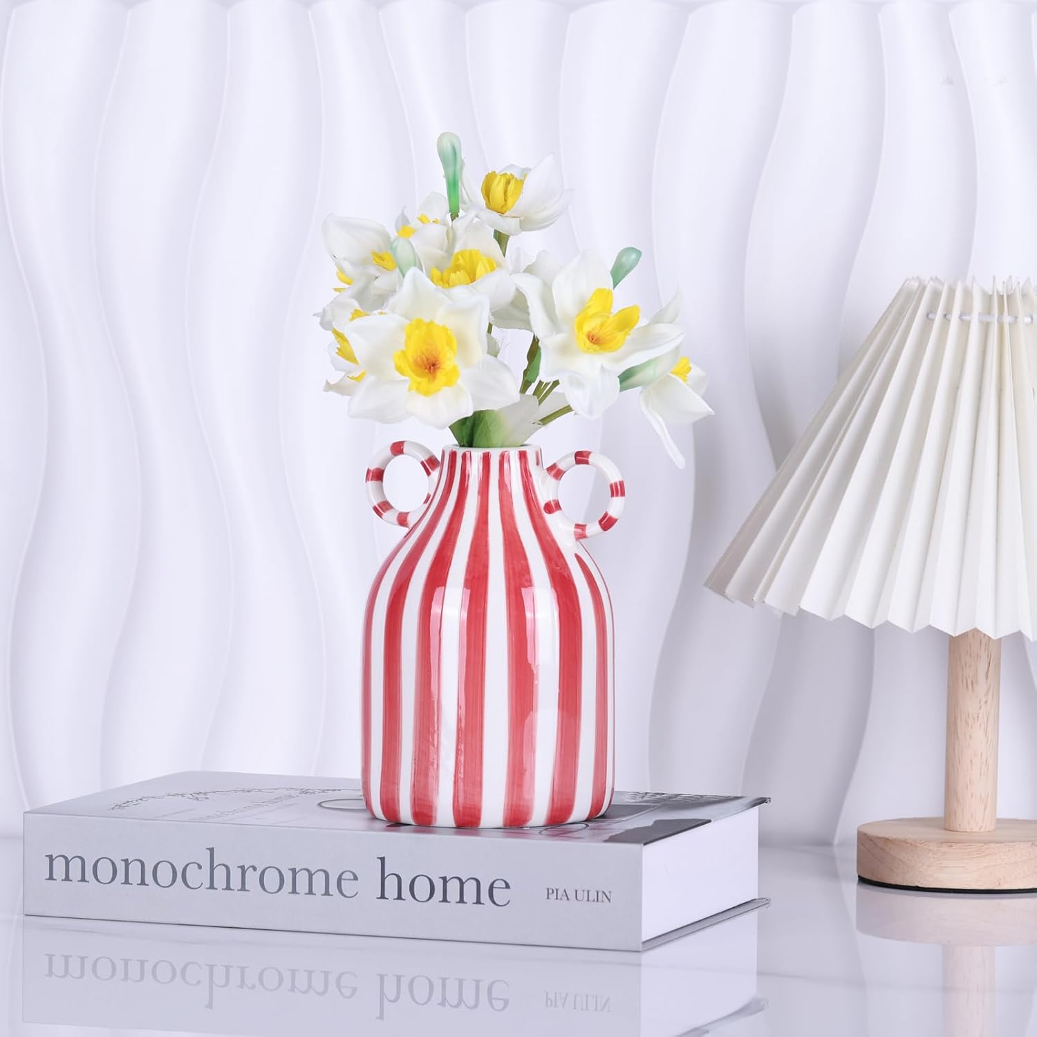 Ceramic Vase / Nordic Boho Small Vases Side Table Flower Centerpiece / Red and White