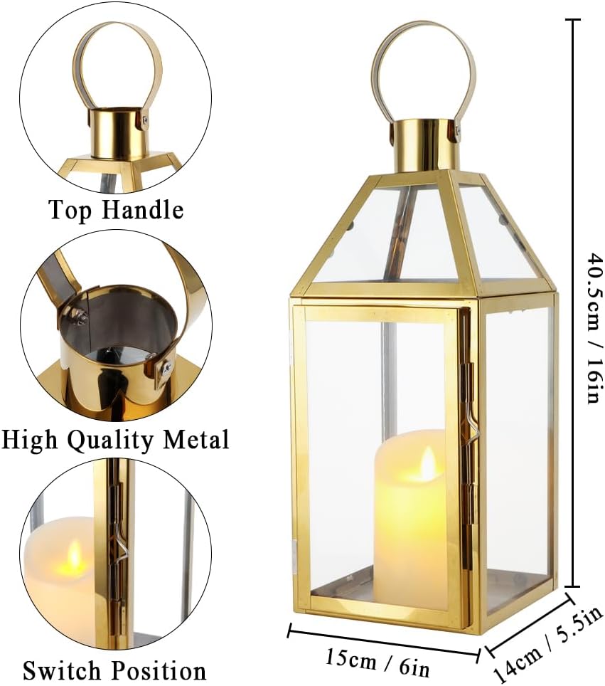 JHY Design Gold Decorative Lanterns 16" H Stainless Steel Candle Lanterns with Tempered Glass for Indoor Outdoor Events