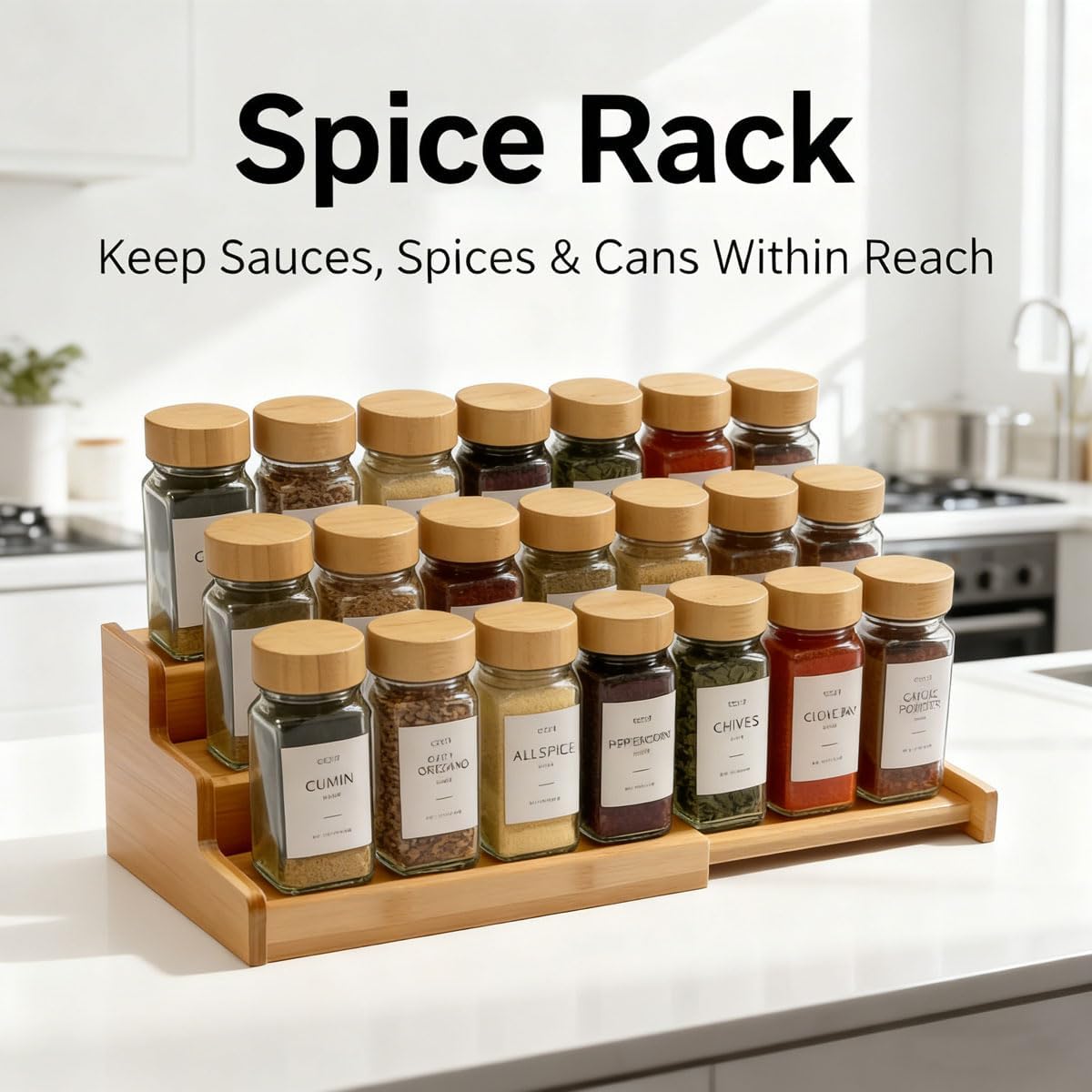 JinDoWin Spice Rack Organizer for Cabinets,Countertop & Pantries,2 Pack | Expandable design, 3-Tier stepped bamboo