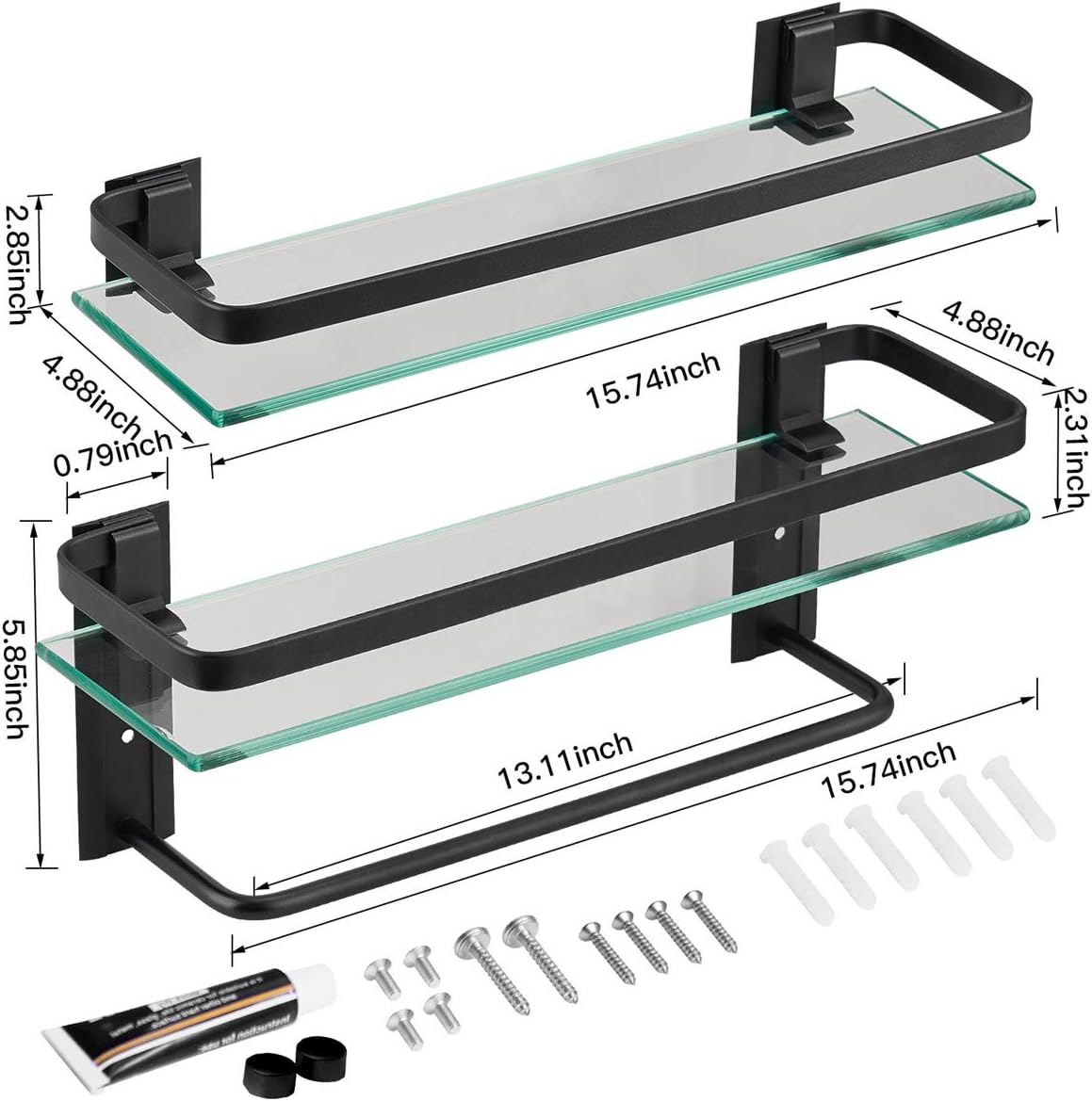 Glass Bathroom Shelf with Towel Bar 15.7in Bathroom Wall Shelves Rustproof Metal Bathroom Wall Organizer 2-Tier (Black)