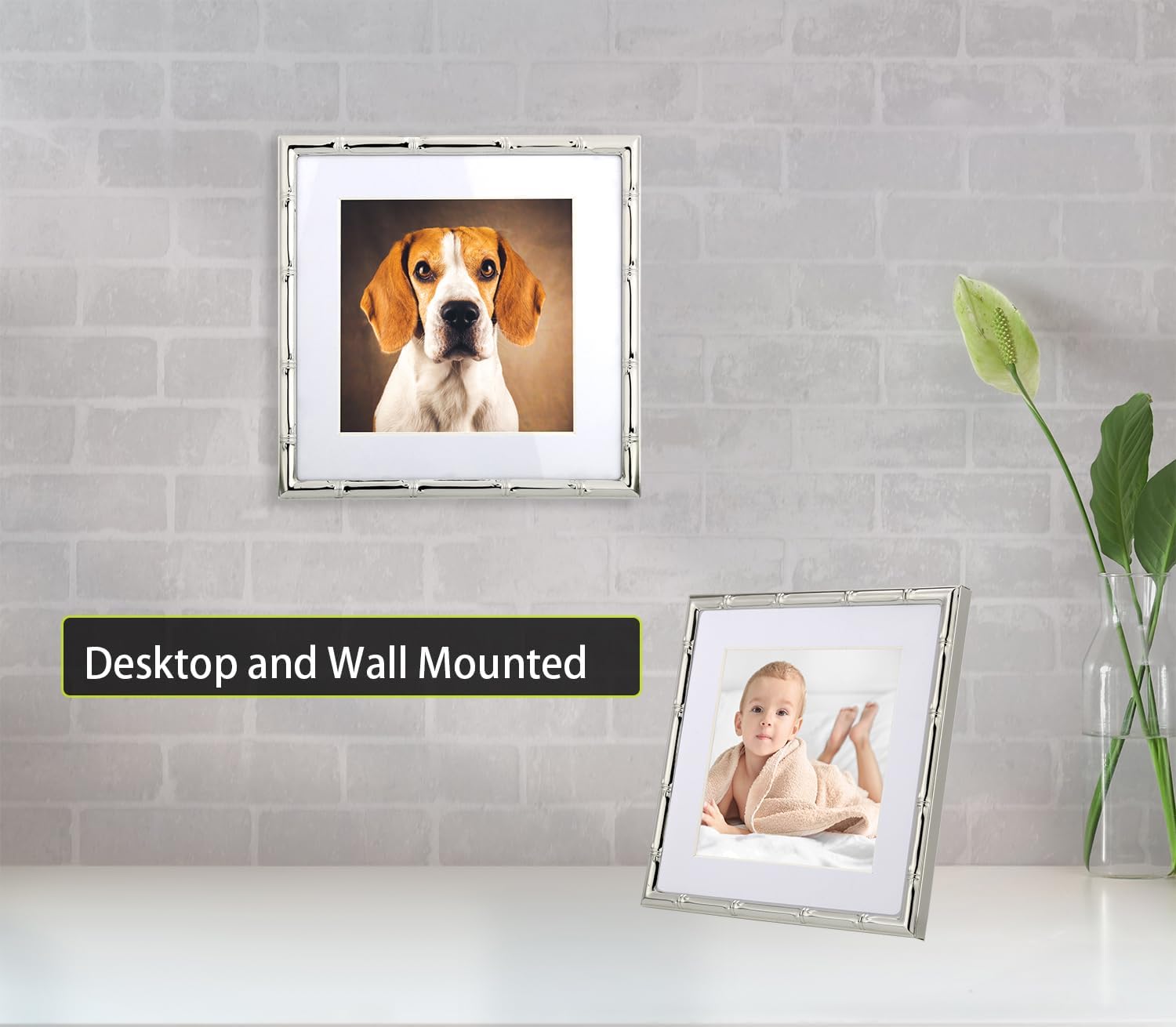 YiPinYin 6x6'' Bamboo Detail Sqaure Silver Metal Picture Frame With Mat for 4x4'' Set of 2, Narrow Silver Plated Photo