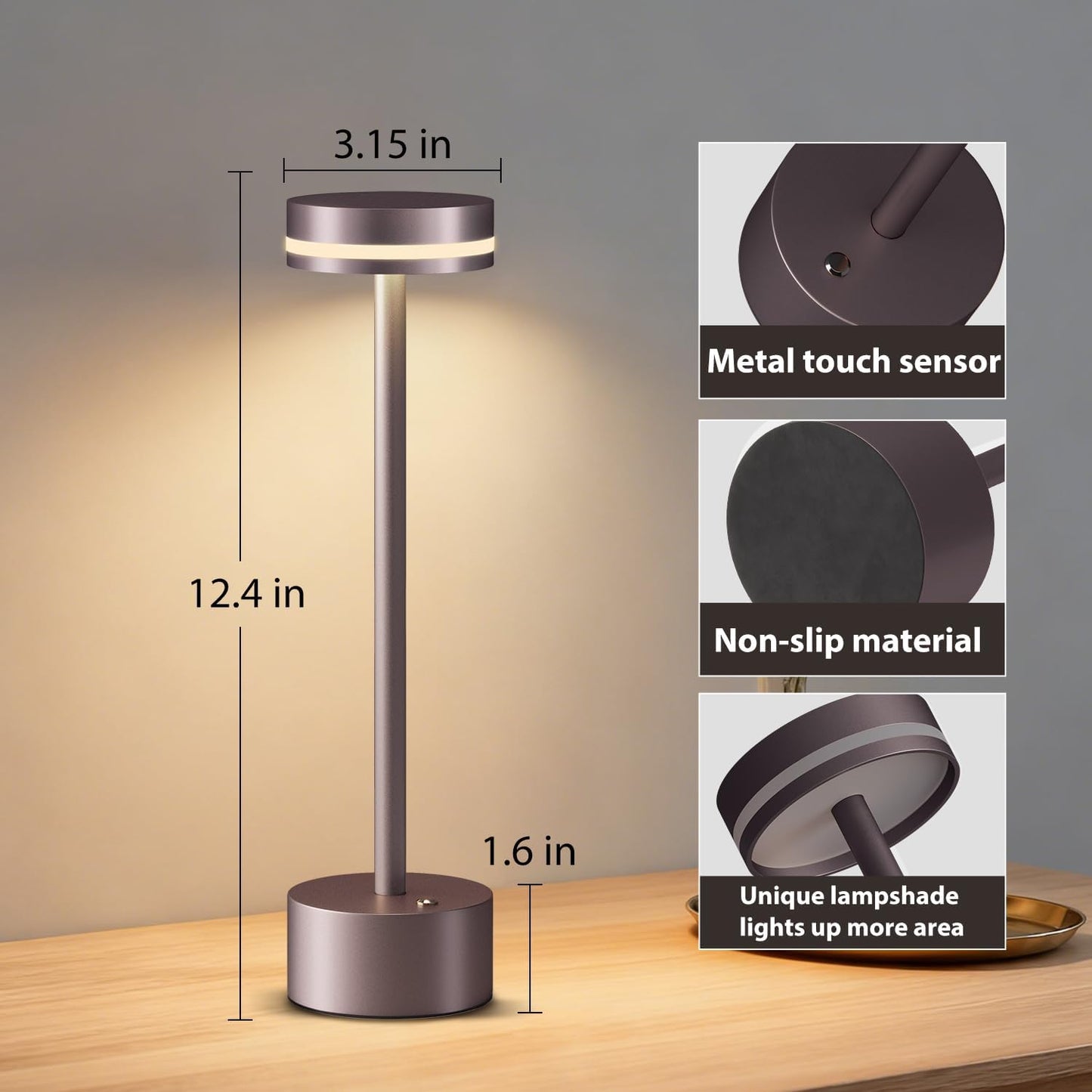 2 Pack Rechargeable Cordless Table Lamps Brown Touch Dimmable | Aluminum, Warm White, 4000mAh Battery Operated, For
