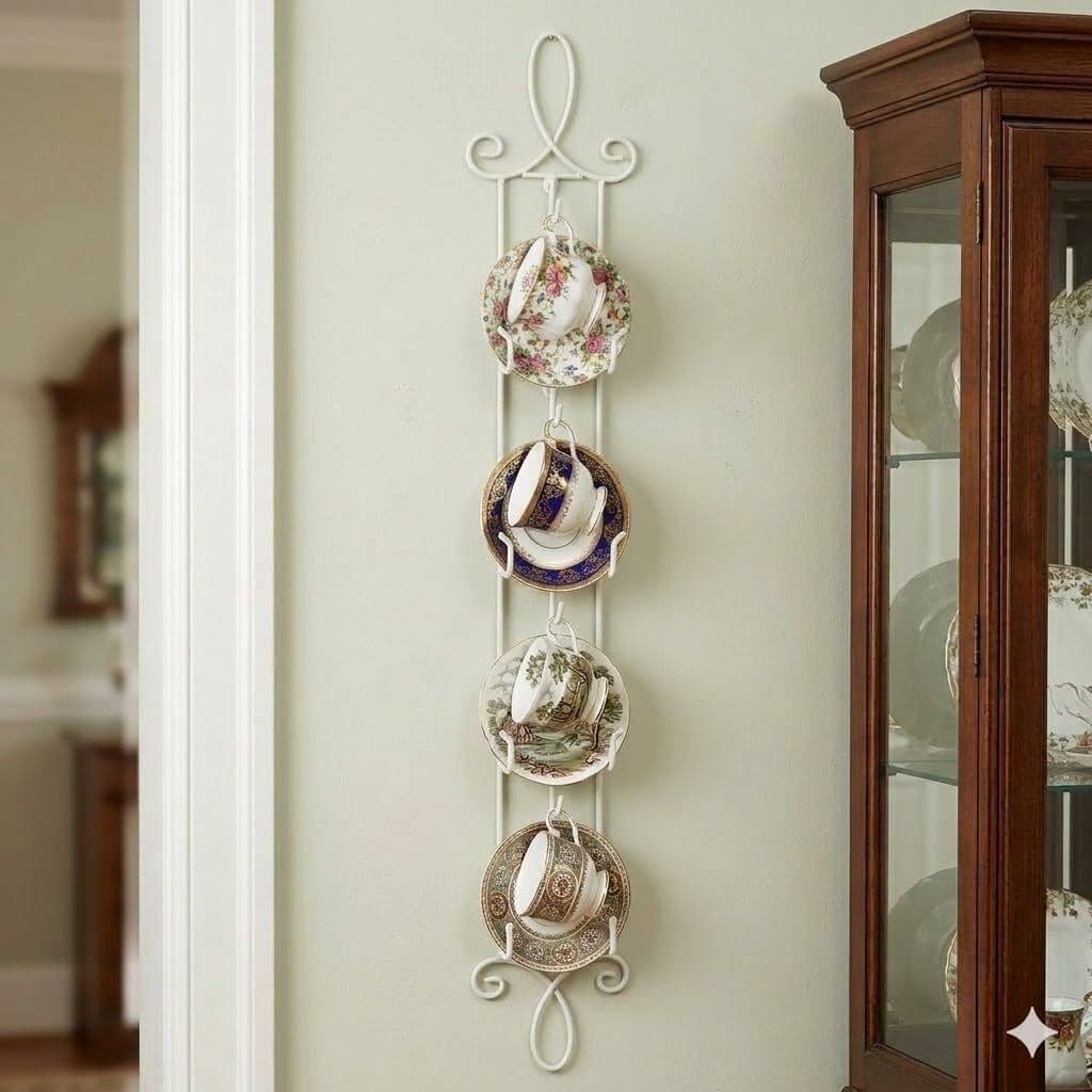 HOHIYA Wall Mount Tea Cup Rack 2 Pack Coffee Mug Organizer White | Organizes teacups, coffee mugs and saucers while