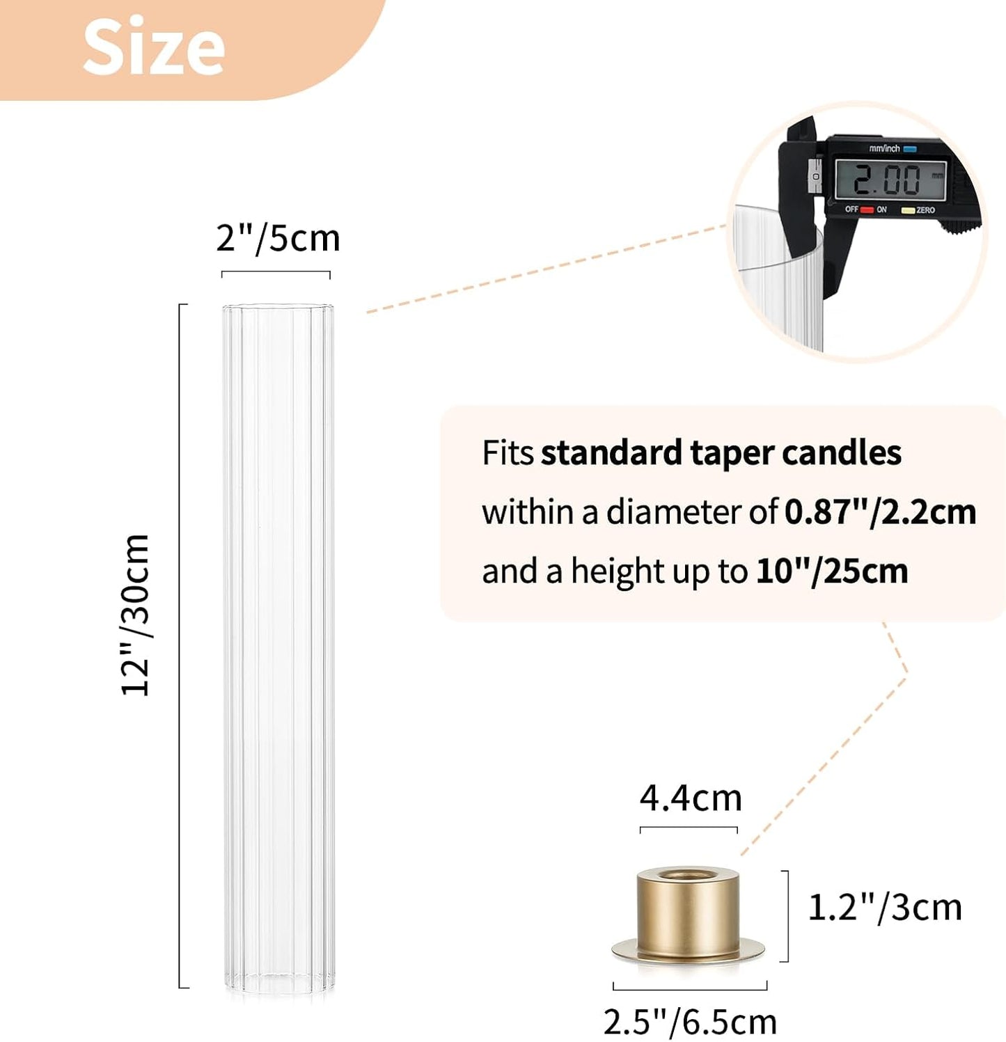 NUPTIO Hurricane Glass Candle Holders, Set of 10 Gold Taper Candle Holders | Fluted Glass Cylinders, Metal Base Design