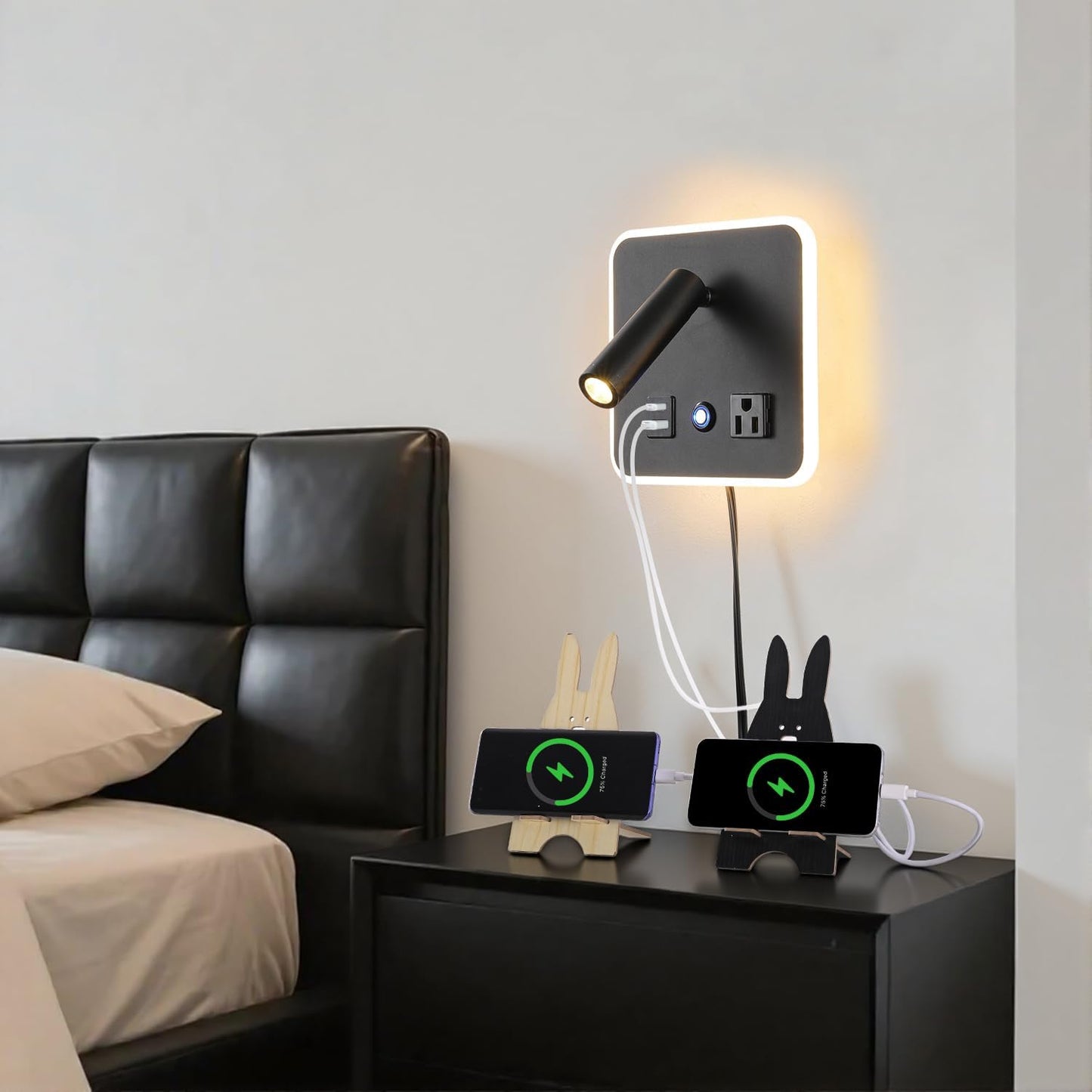 Dimmable LED Wall Reading Lamp with USB-A/USB-C Ports, 3000K, Black | Separate reading and ambient backlight controls