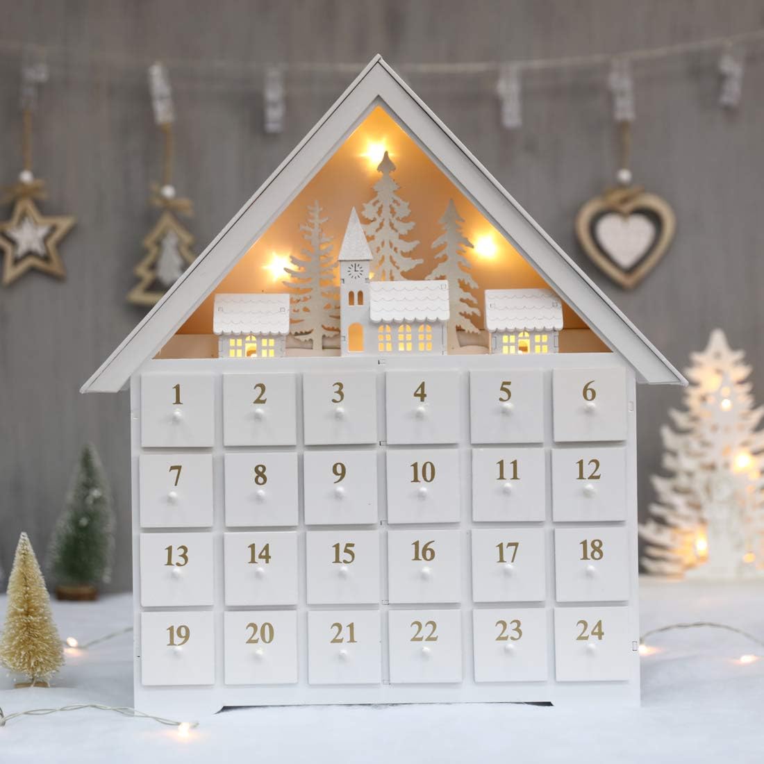 Christmas Wooden Advent Calendar House with 24 Drawers, Countdown to Christmas for Kids, LED Home Decoration, L16.25 x