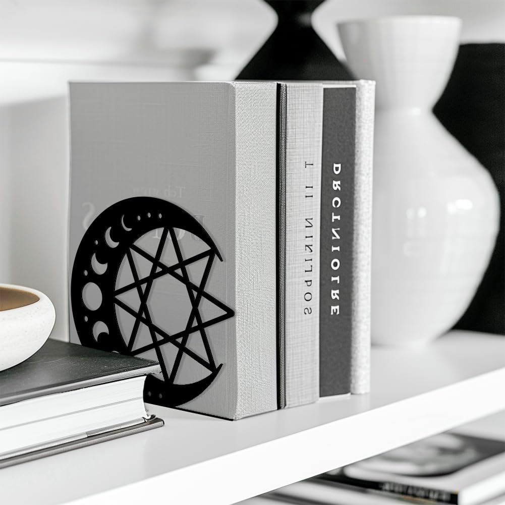 Metal Bookends / Modern Decorative Heavy Duty Study Book Support Stoppers / Moon and Star