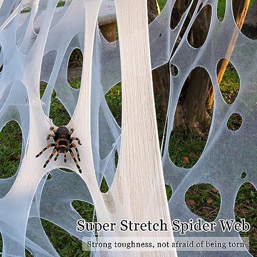 800 Sqft （After Streched with Holes） Uncut Giant Spider Web Halloween Decorations Outdoor with 10 Ground Nails Stretchy Beef Cloth Netting Cut-Your-Own Flexible Elastic for Yard Party Decor