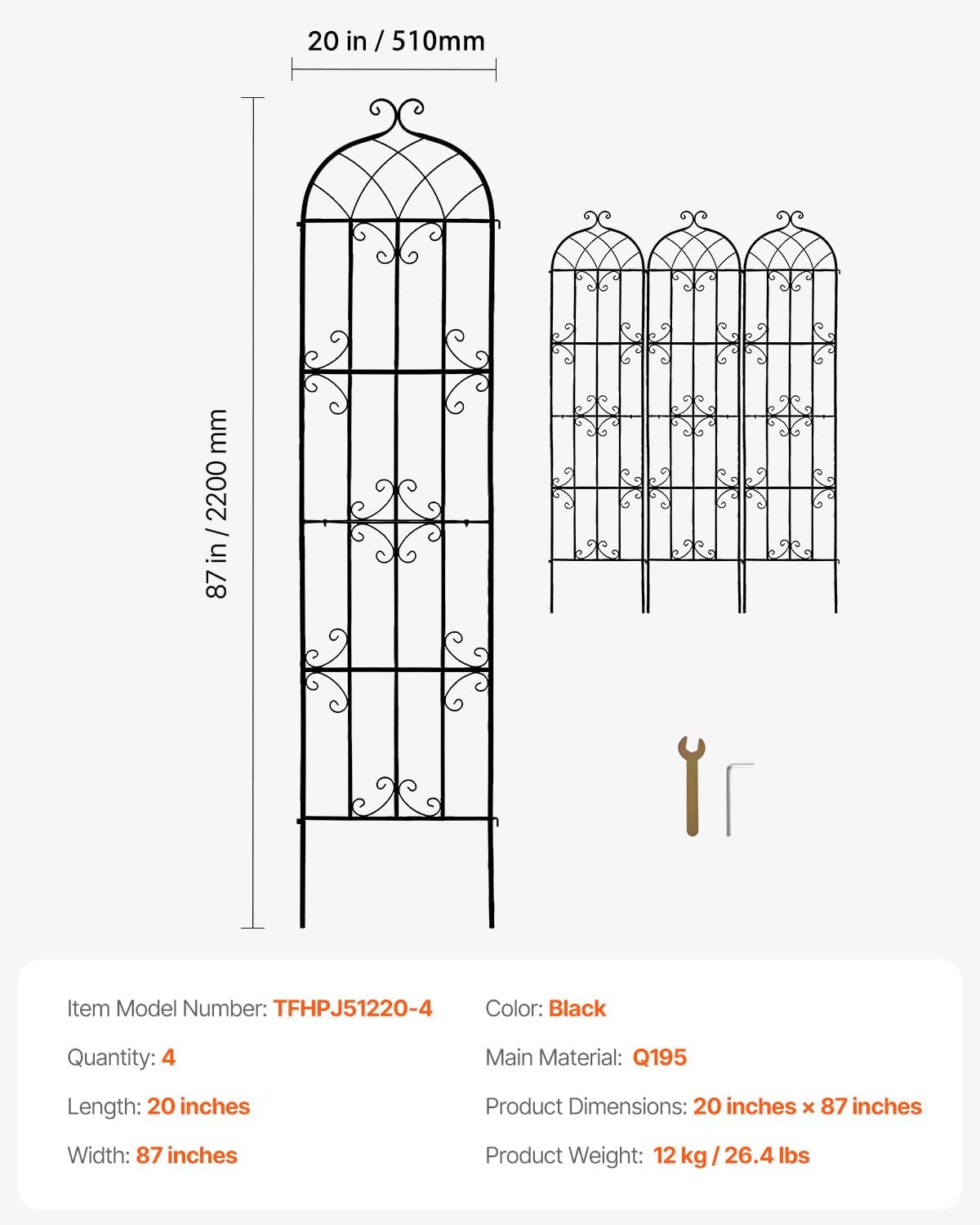 VEVOR Garden Trellis for Climbing Plants 87x20 in 4-Pack Metal Rose Trellis | For Flower, Outdoor Climbing Clematis