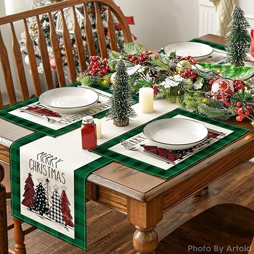 Artoid Mode Waterclor Green Buffalo Plaid Christmas Trees Placemats Set of 4, 12x18 Inch Winter Table Mats for Outdoor Home Party Kitchen Dining Decor