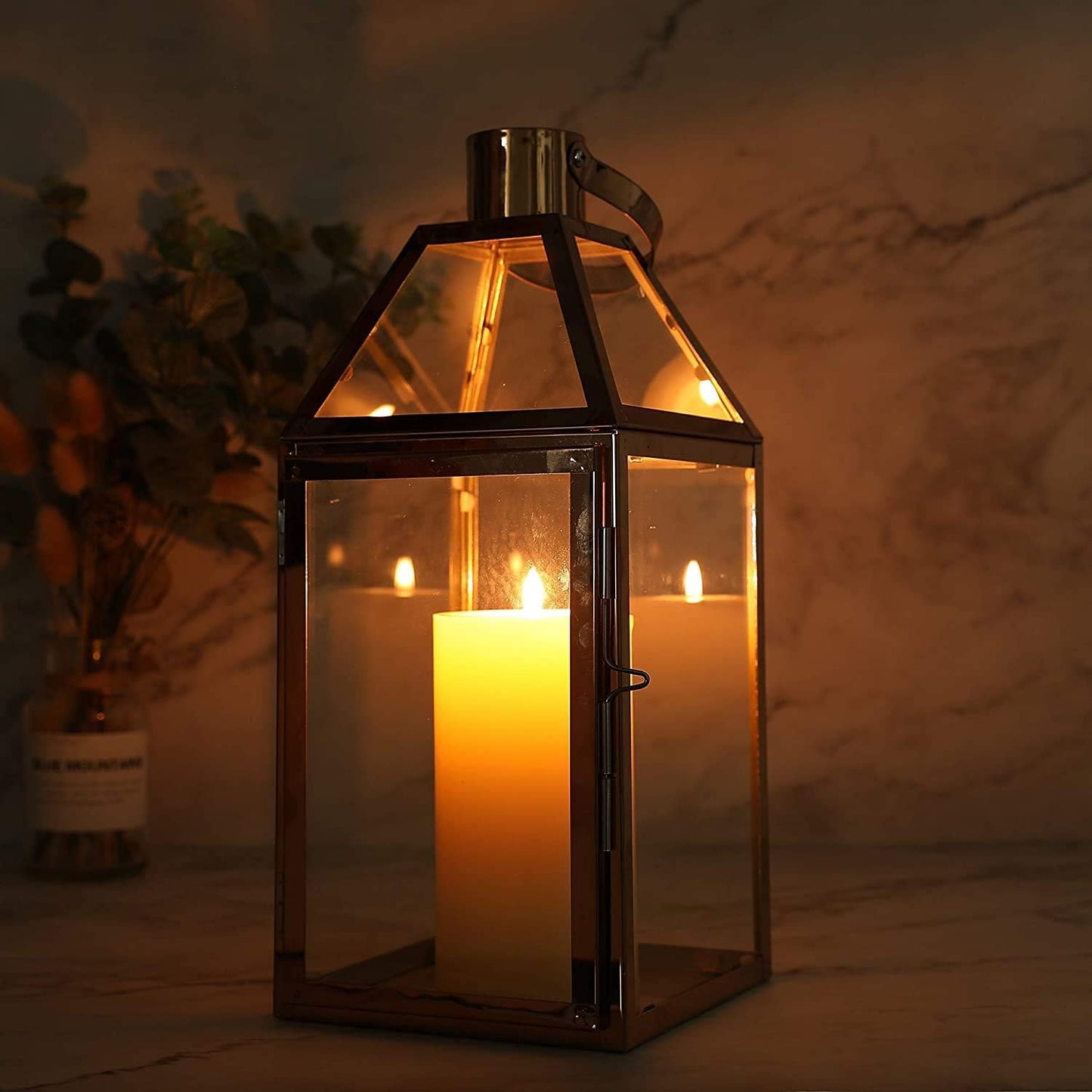JHY Design Rose Gold Decorative Lanterns 16 inch High Stainless Steel Candle Lanterns with Tempered Glass for Indoor