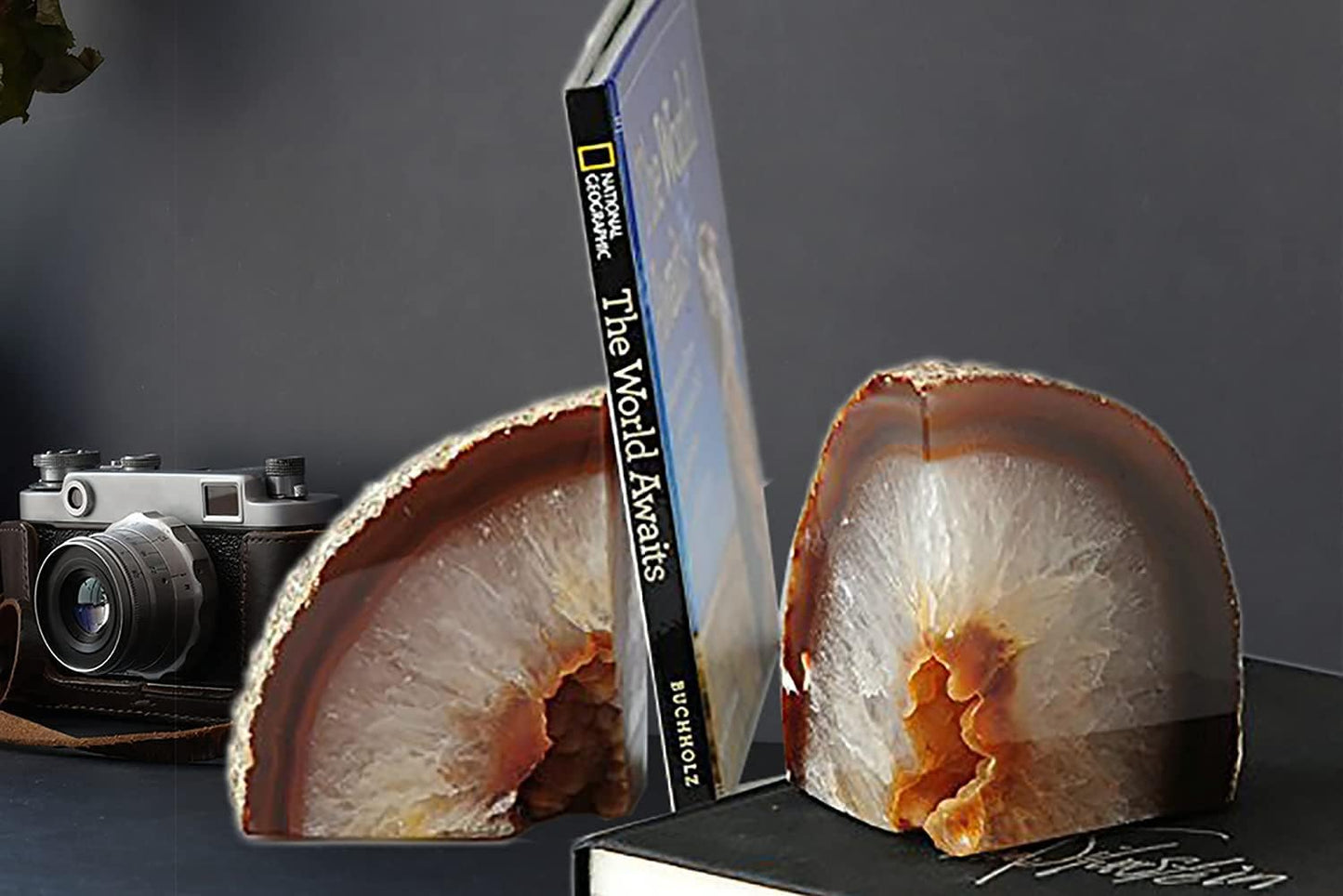 Geode Bookends Agate Shelve Decor Crystal Book Ends for Heavy Books / Nature / 3-4LBS / Brown