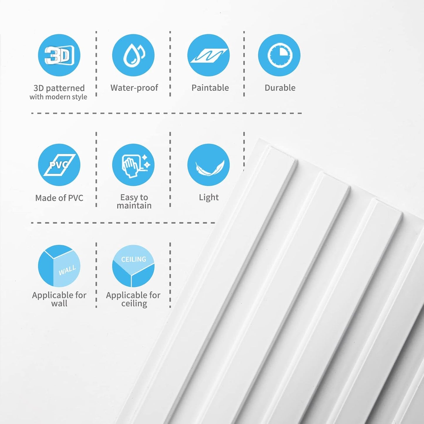 Art3d 3D Fluted Textured Slat Wall Panels, 19.7 x 19.7 in, 12-Pack, White | PVC, Waterproof, Scratch Proof, Wipeable