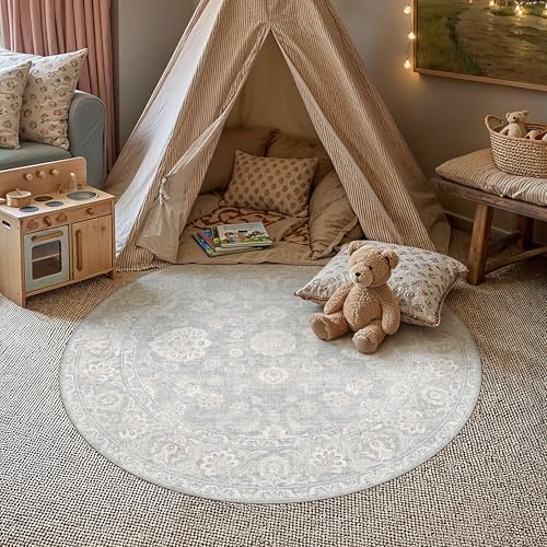 4x4 Blue Cream Neutral Round Rug
