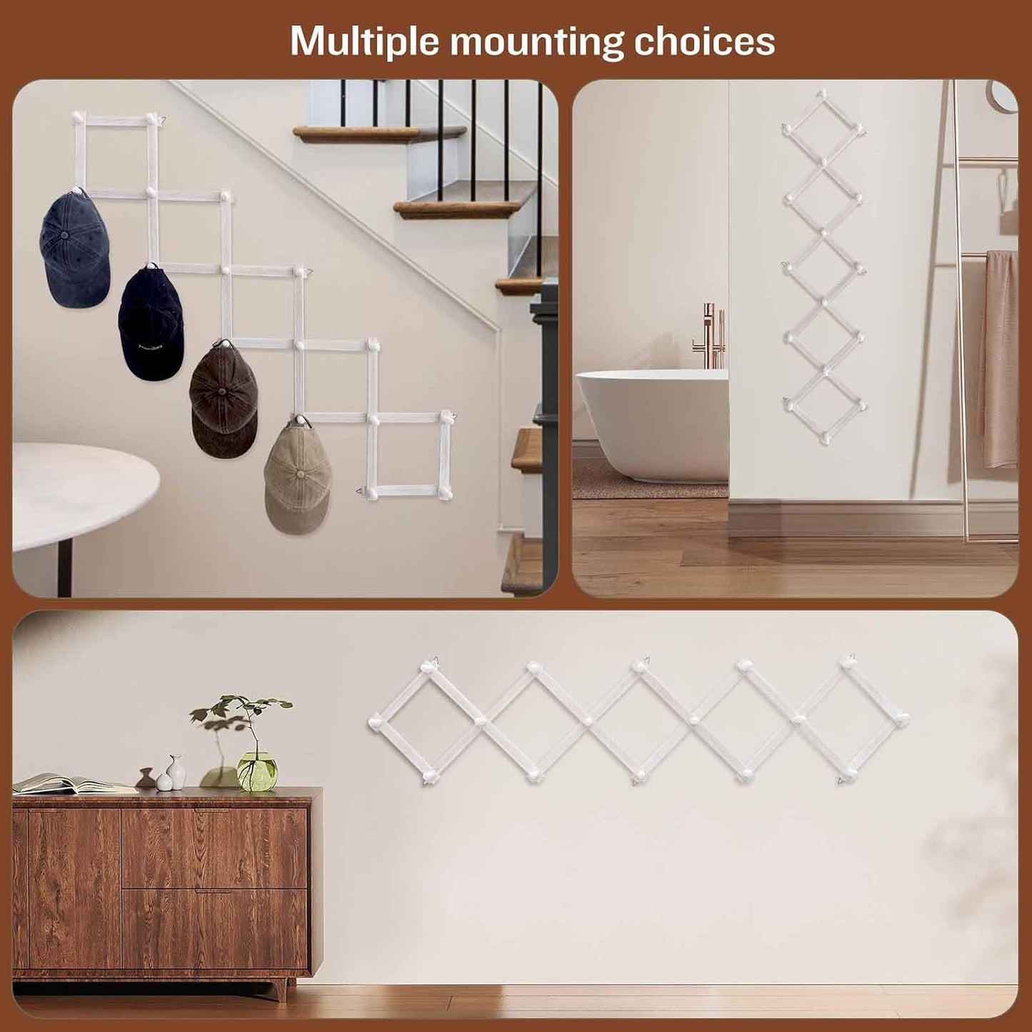 SCUNDA Rustic Wall Mounted Coat Rack with Space Saving Accordion Design, Expandable Wall Mount Coat Rack with 16 Wood