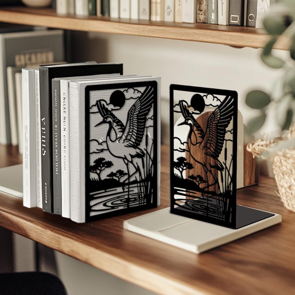 Metal Bookends / Modern Decorative Heavy Duty Study Book Ends Stoppers / Cranes By Pond with Reeds