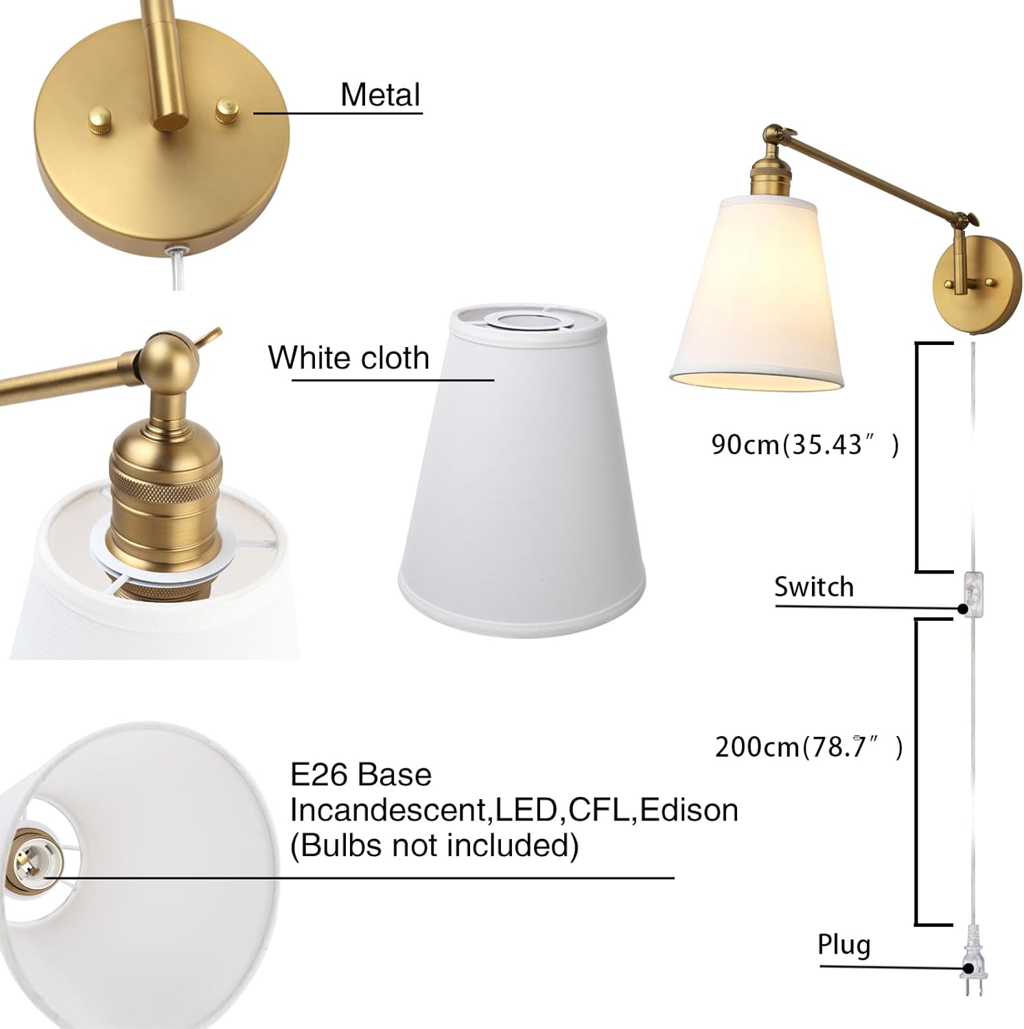 Retro Swing Arm Wall Sconce Plug in Wall Lamp Single Sconce Light Fixture with White Fabric Shade for Bedroom Living