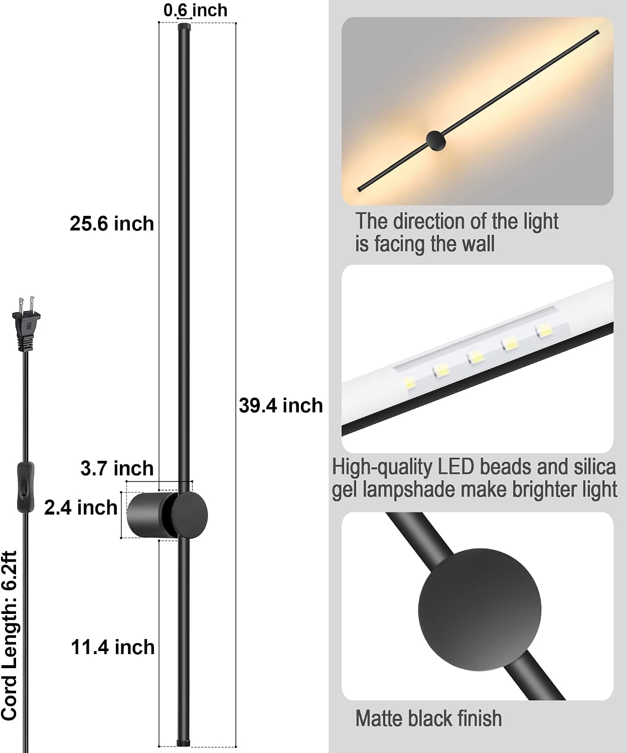 GOODATE Wall Sconces Set of Two with Remote, Stepless Colors 3000K-6500K & Stepless Dimming, Hardwire or Plug-in, 180°