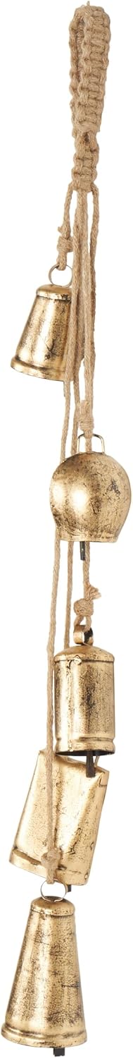 Deco 79 Golden Bell Cluster | Indoor Tibetan Inspired Cascading Meditation Bell With 5 Bells On Jute Hanging Rope