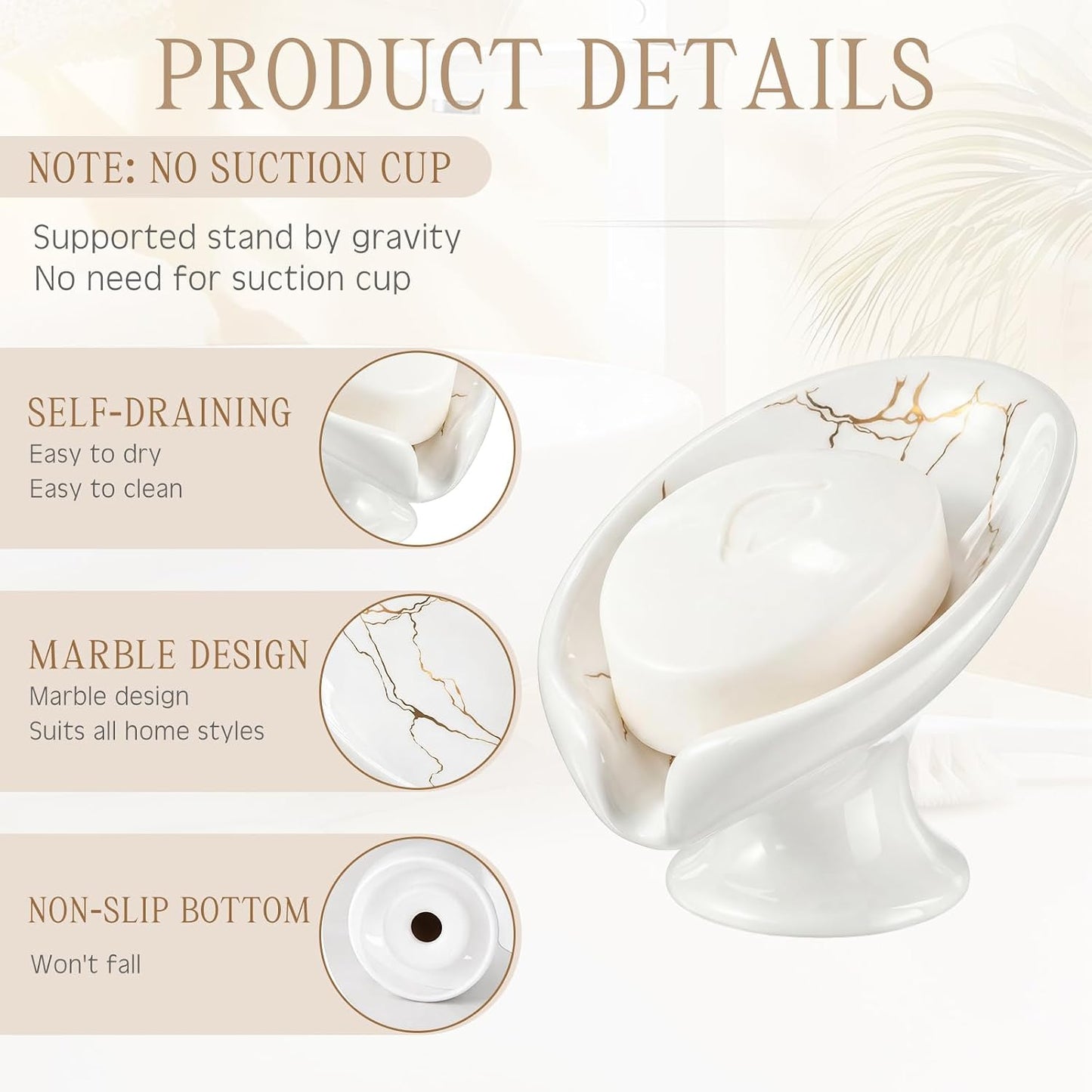 Soap Dishes for Bar Soap Holder Ceramic Decorative Self Draining Leaf Shape / White Gold / Set of 2