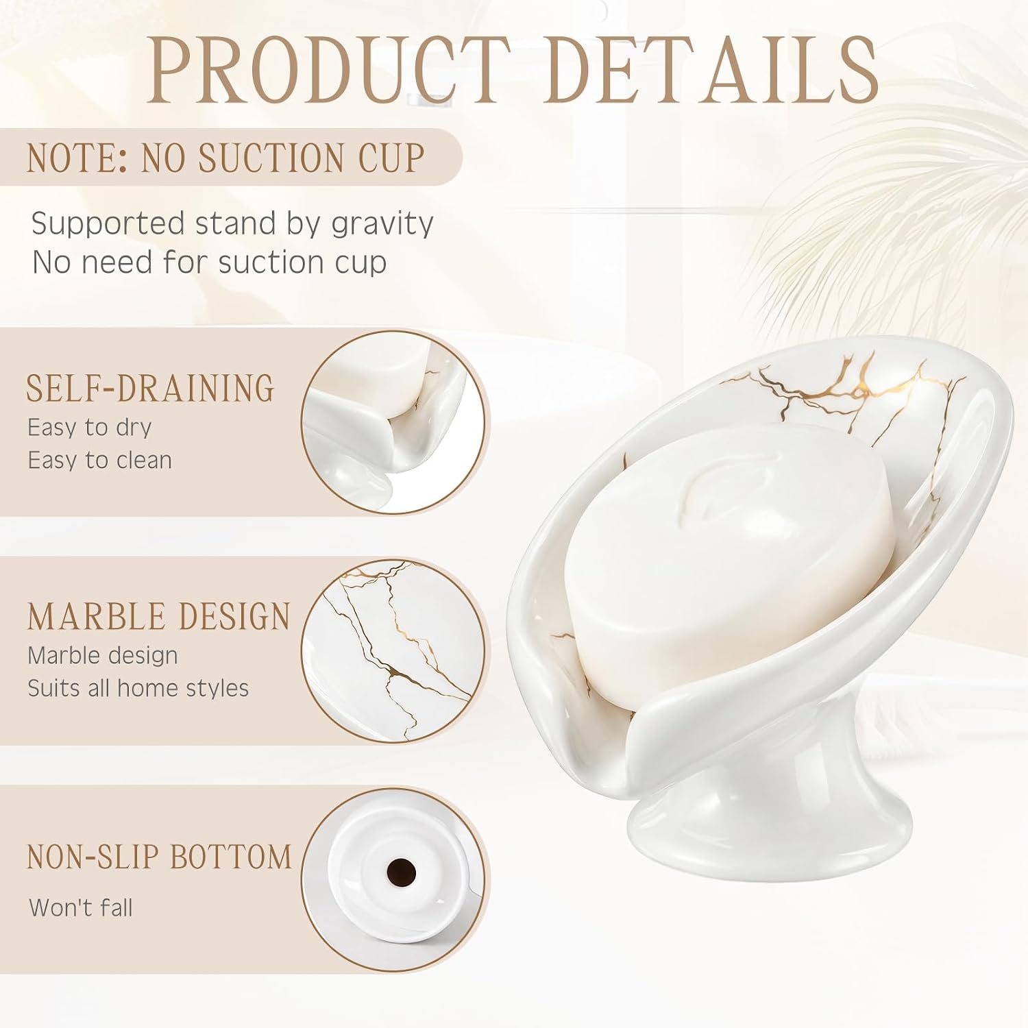 Soap Dishes for Bar Soap Holder Ceramic Decorative Self Draining Leaf Shape / White Gold / Set of 2