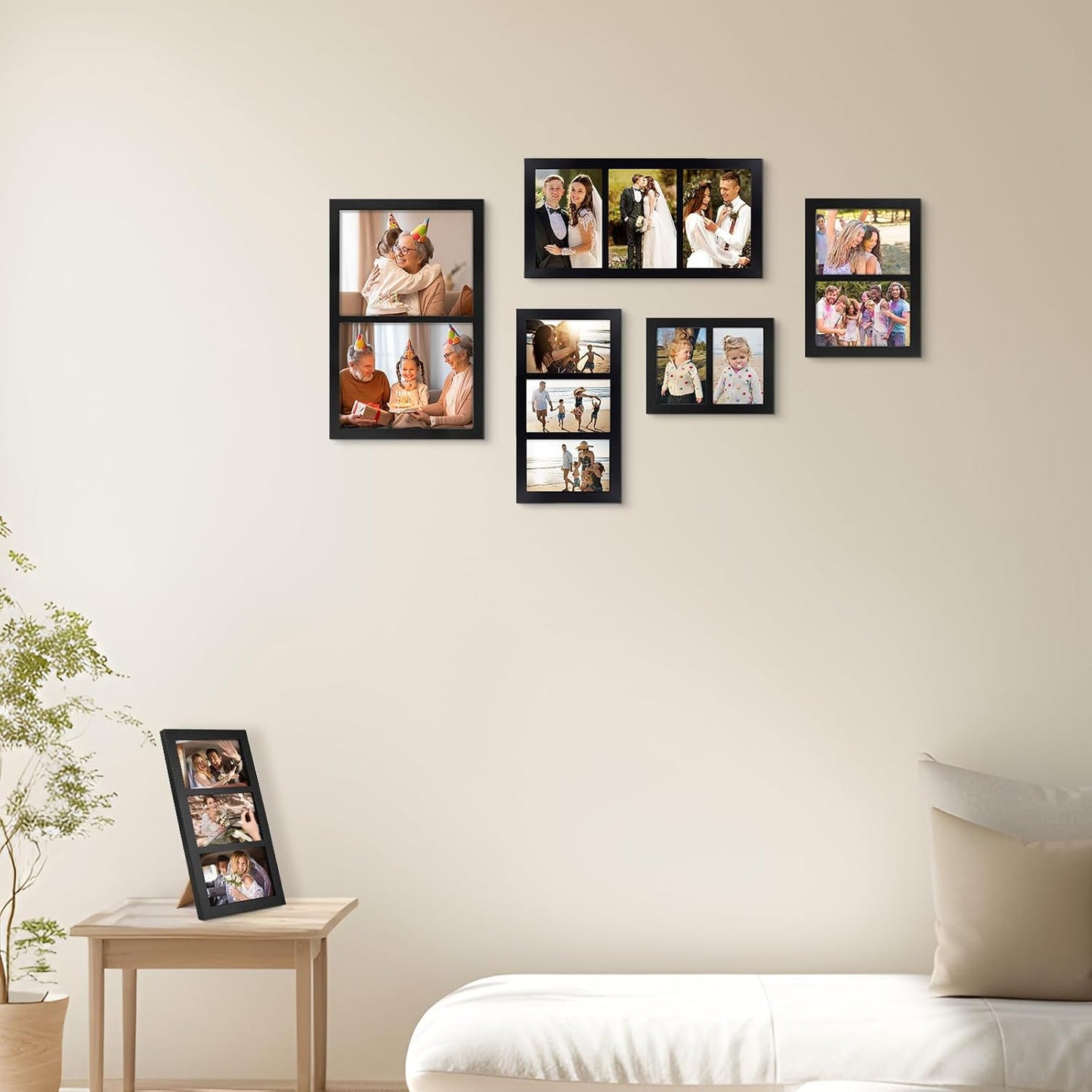 Picture Frame / Real Glass for Tabletop Or Wall Mounting / 4 x 6 / 3 Openings / Black