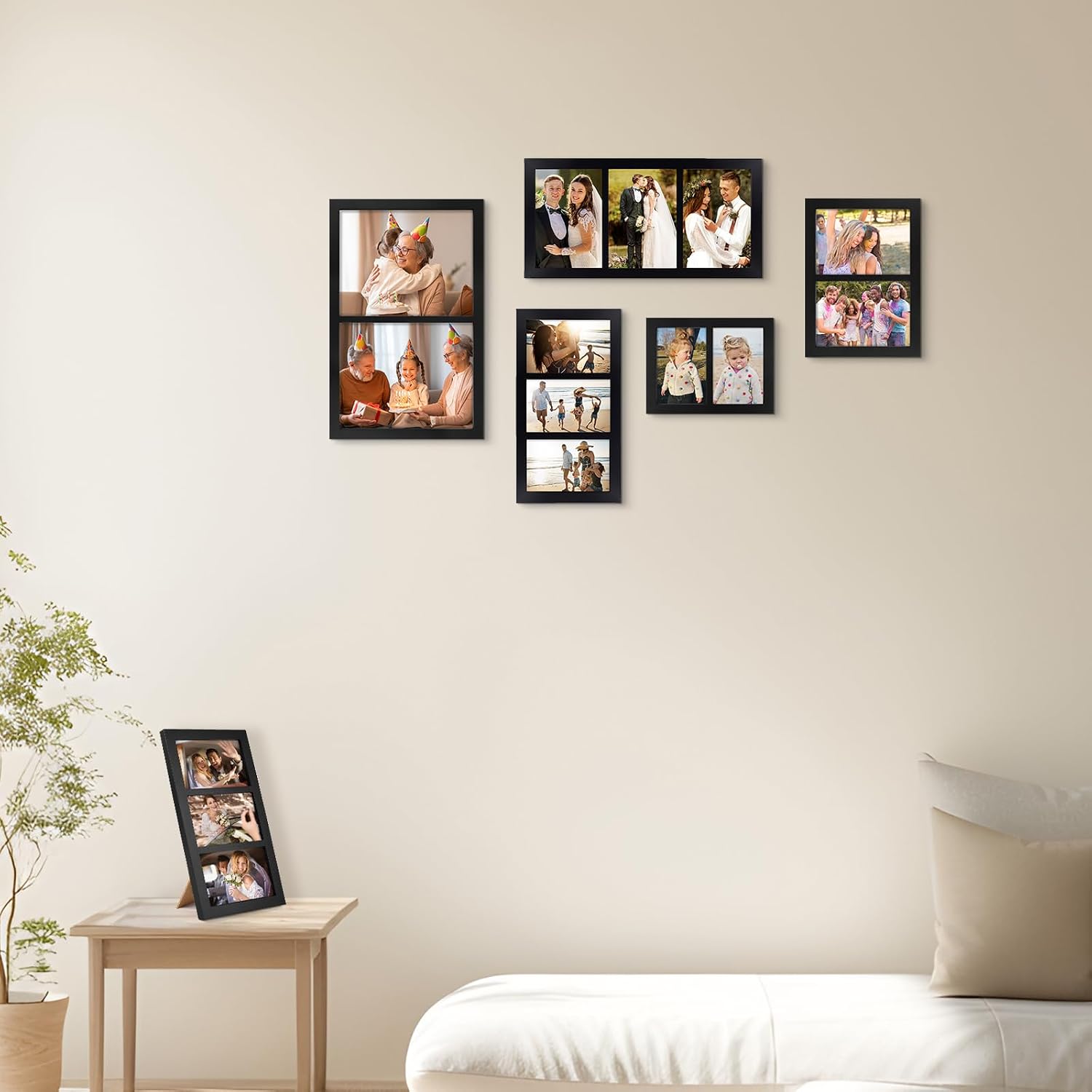 Picture Frame / Real Glass for Tabletop Or Wall Mounting / 4 x 6 / 3 Openings / Black