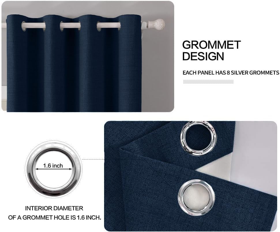 MIULEE 100% Blackout Linen Curtains for Bedroom 52x63 Inches Midnight Blue