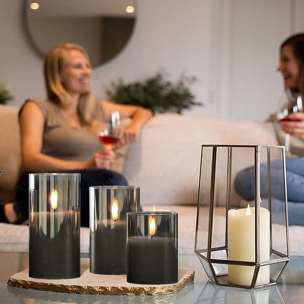GenSwin Glass Rechargeable Flameless Candles Remote Battery Operated, Black | LED Pillar Candles, Long Lasting Real Wax