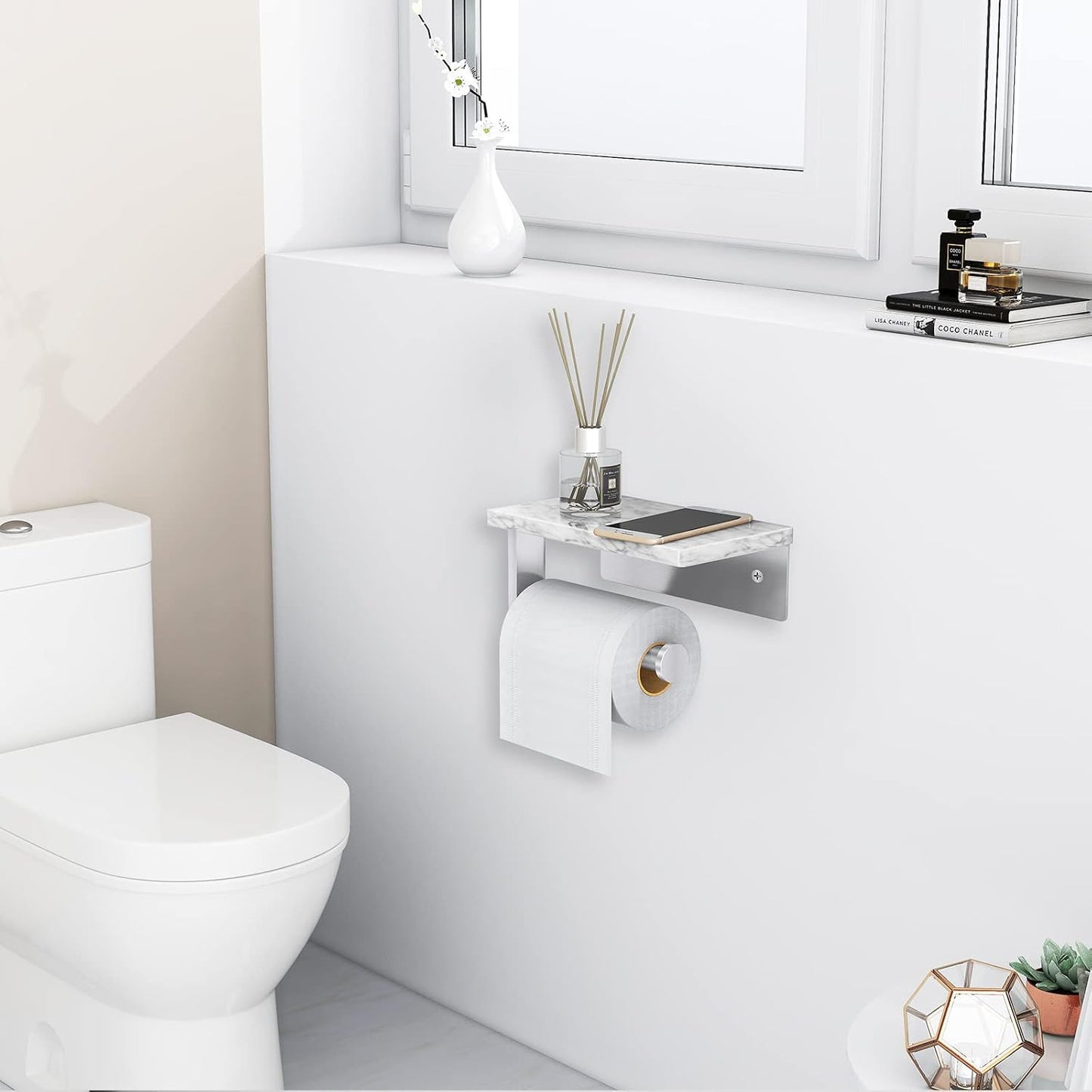 Gypie Toilet Paper Holder with Marble Shelf, Wall Mounted Brushed Nickel | Stainless Steel Tissue Roll Paper Holder