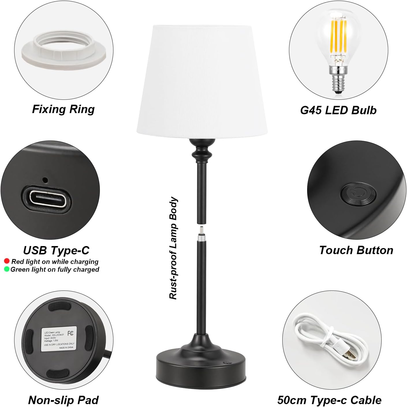 Cordless Table Lamps Rechargeable Set - 2 Pack Black 4000mAH Battery Operated Lamps for Decor, 3000K Stepless Dimming