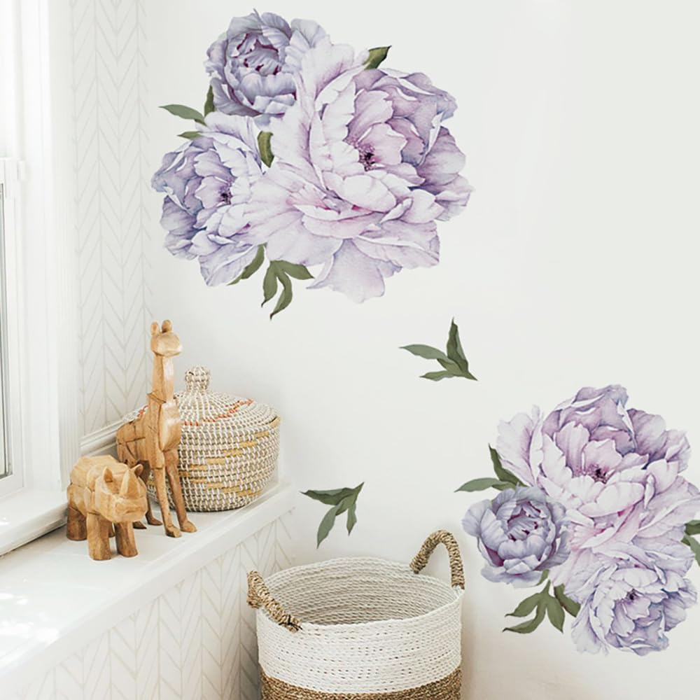 Flowers Wall Decals Backdrop Boho Peony Floral Wall Art Stickers for Girls Bedroom Living / Purple