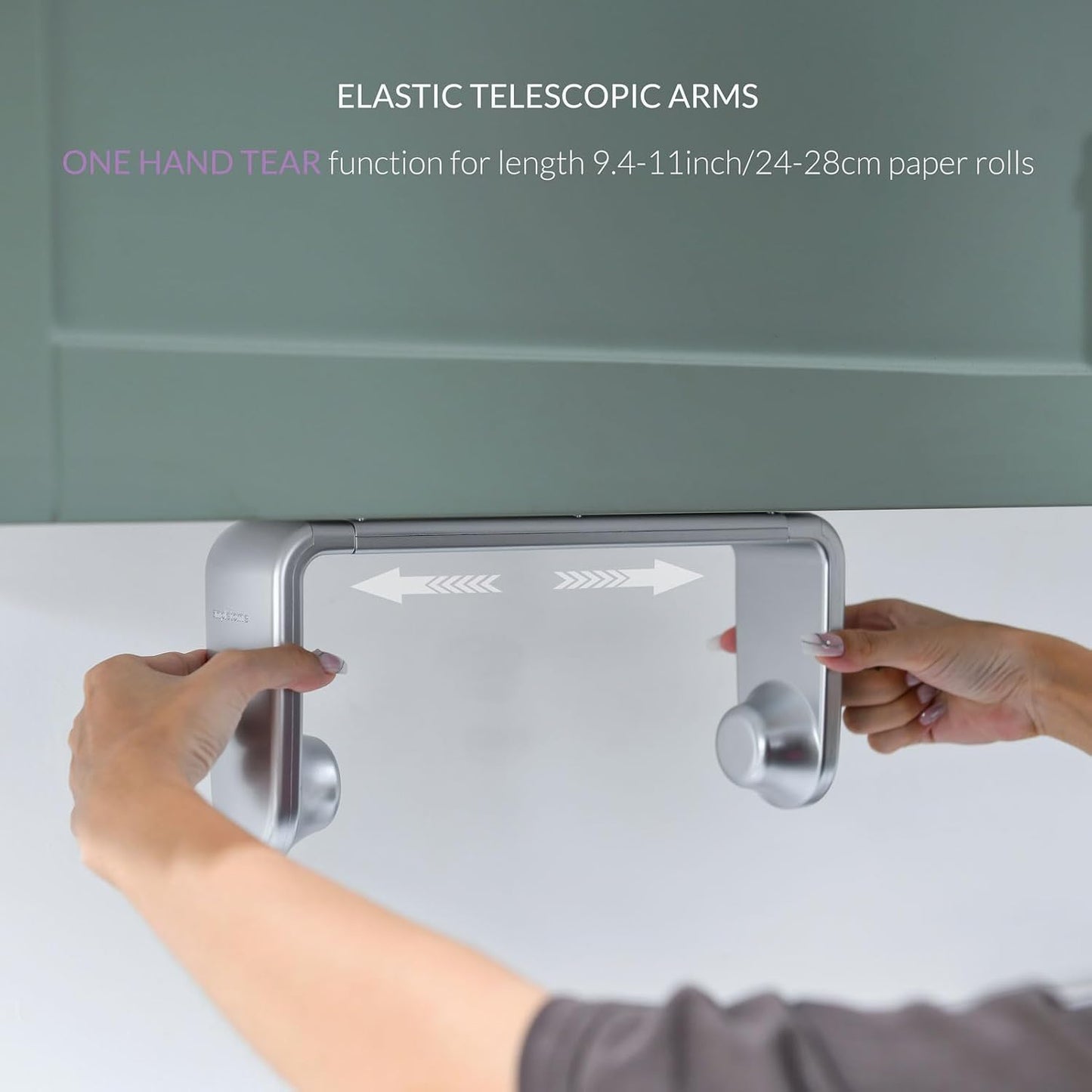 ONE Hand Tear Paper Towel Holder Under Cabinet/Wall for 9.4-11inch, Silver | adaptive adjustable tension arm | tear