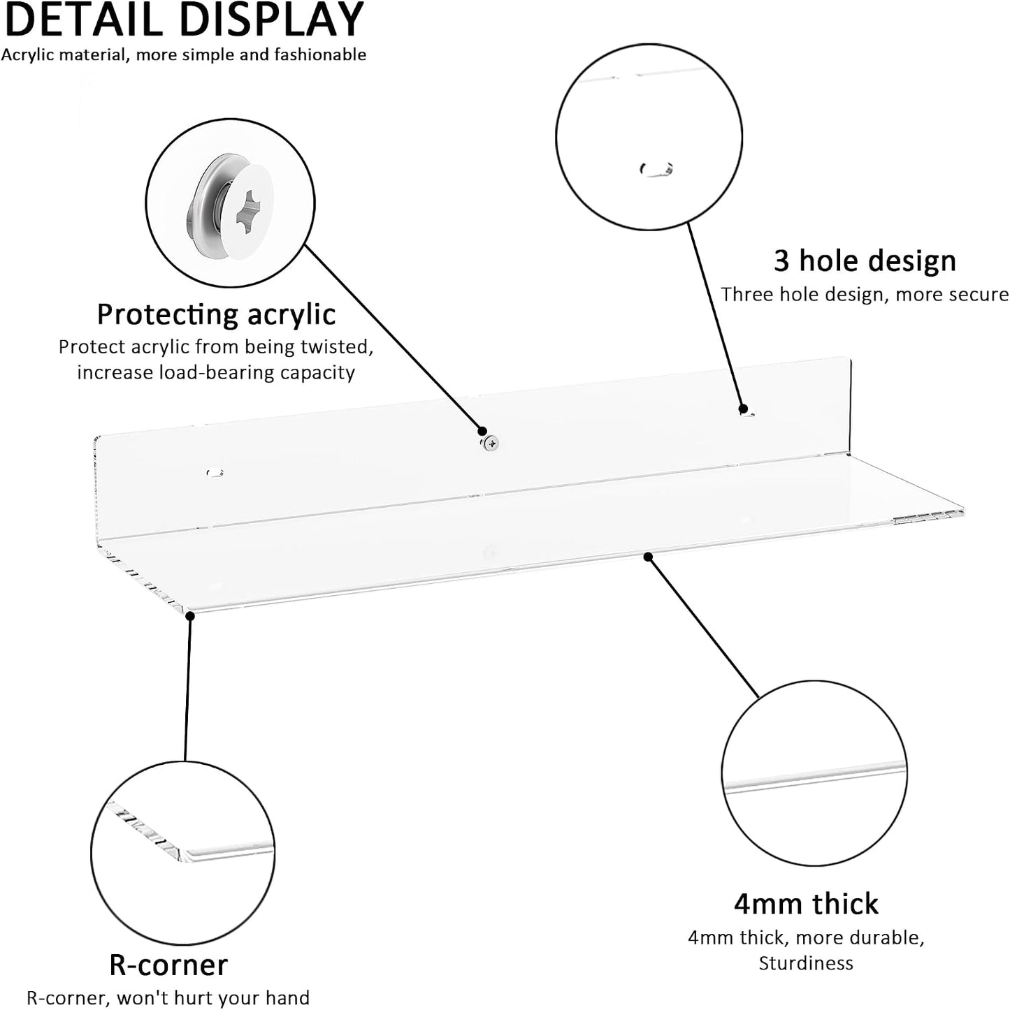 Sezanrpt 20 Inch Clear Wall Shelves for Wall, Wall Mounted Acrylic Floating Shelf for Plants, Speaker, Radio, Funko