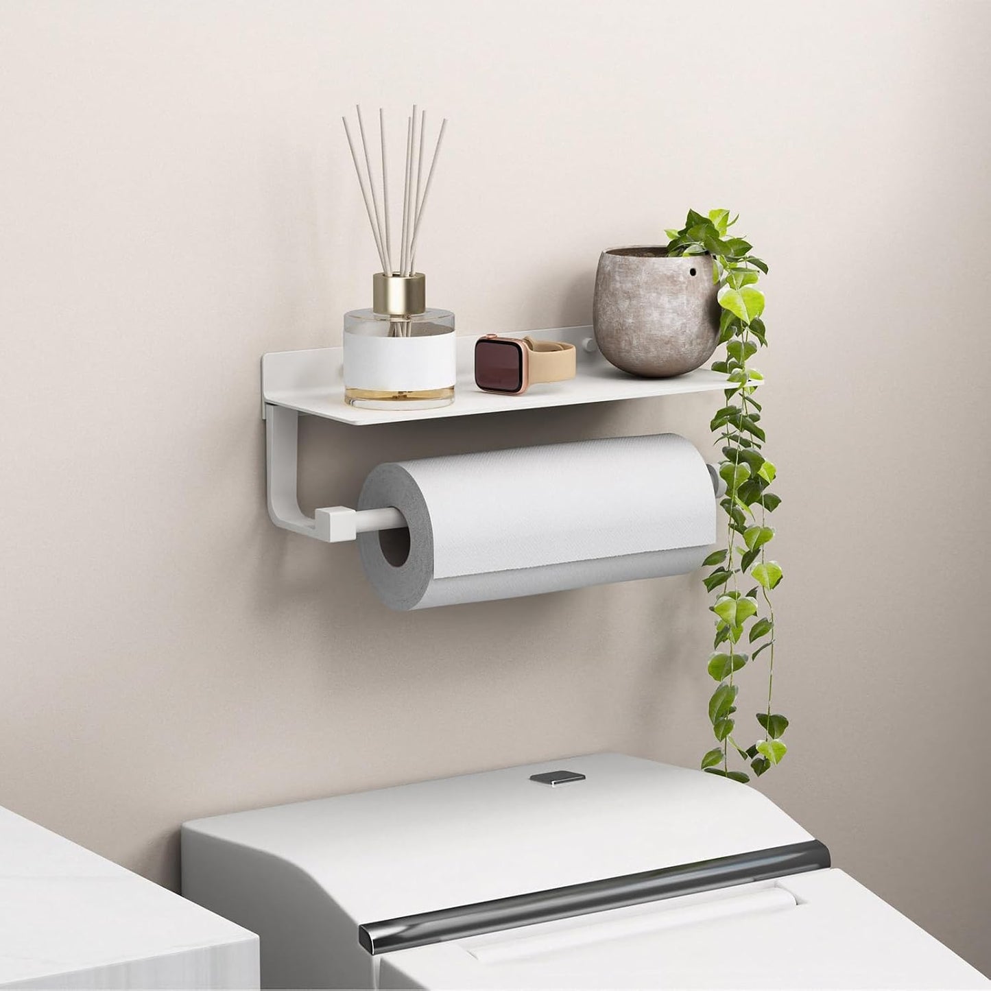 White Paper Towel Holder with Shelf Wall Mount, Adhesive Hand Towel Holder for Bathroom, Kitchen Towel Holder