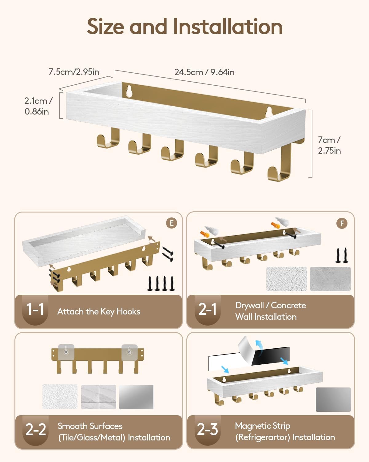 Key Holder Wall Mount Adhesive Magnetic / Gold White / Medium