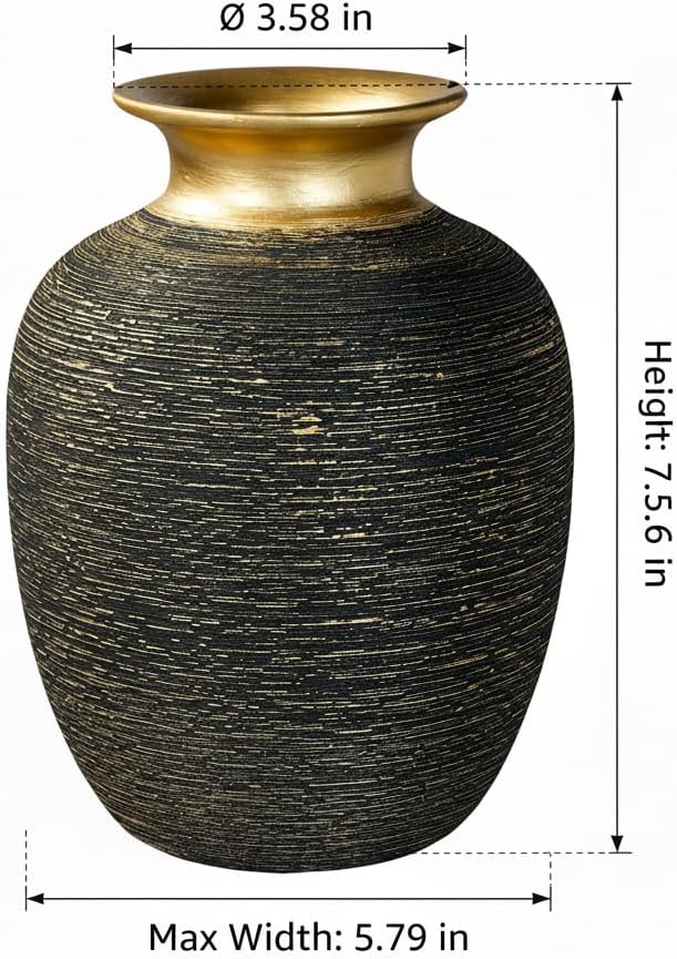 Modern Textured Decorative Vase / Black and Gold / 7 Inch