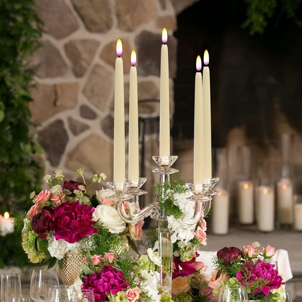 Ivory Flameless Taper Candles Battery Operated Remote Timer 8 Pack | 3D Wick Flickering LED Candlesticks, 400 Hours