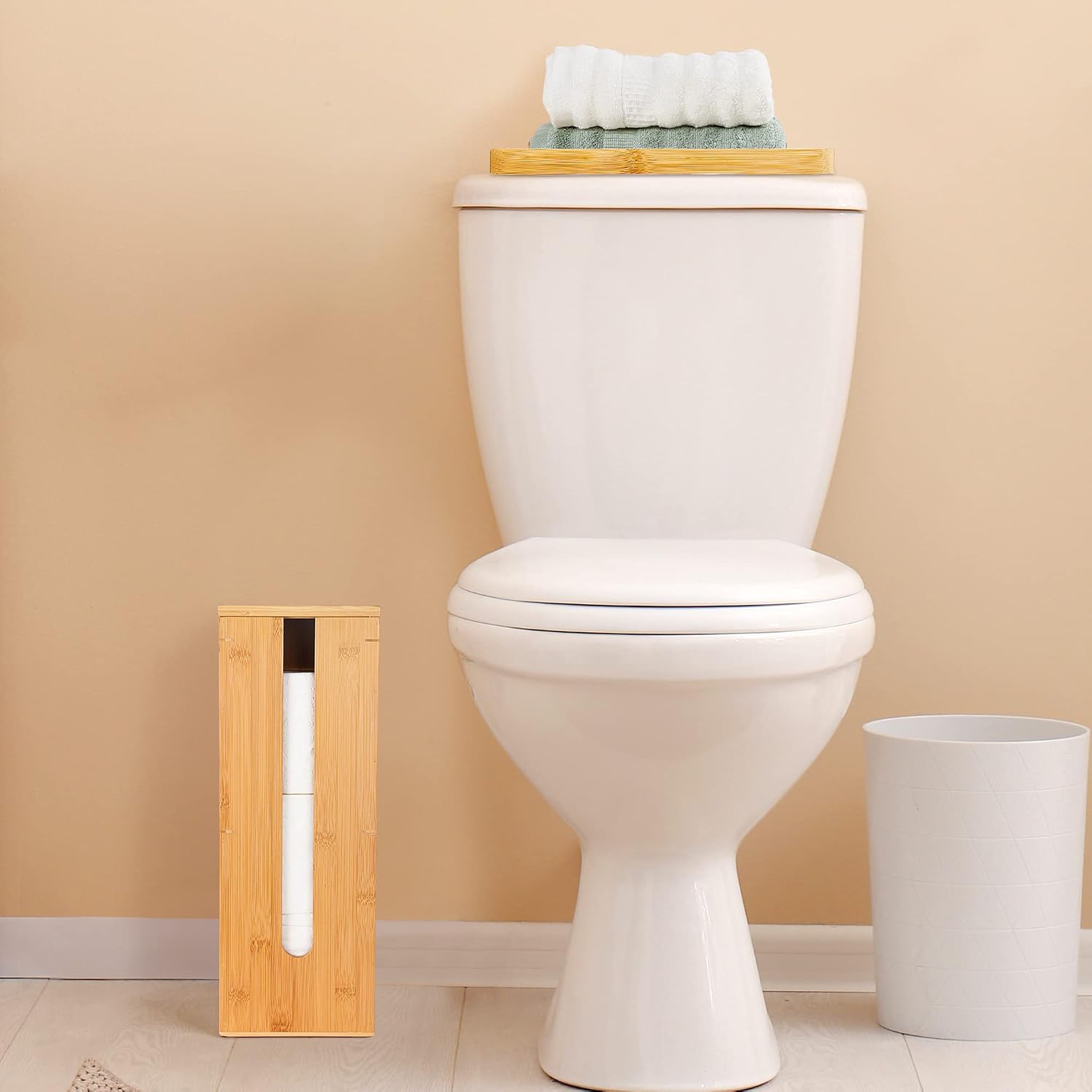 GOBAM Bamboo Toilet Paper Storage - Fits 3 Mega Toilet Paper, Bathroom Organizer, Toilet Paper Holder Stand, Bamboo