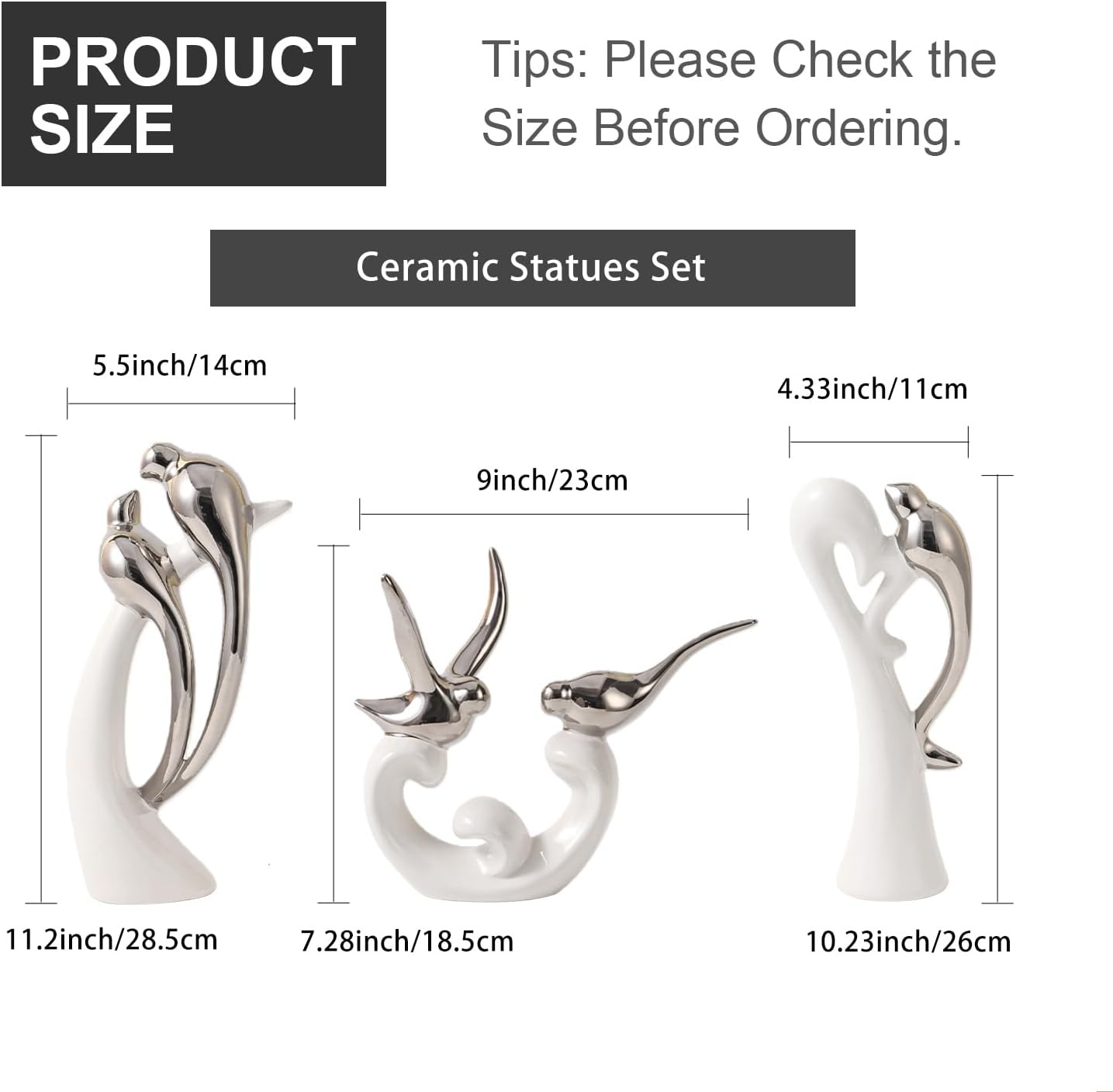 Ceramic Statues / White and Silver / Set of 3