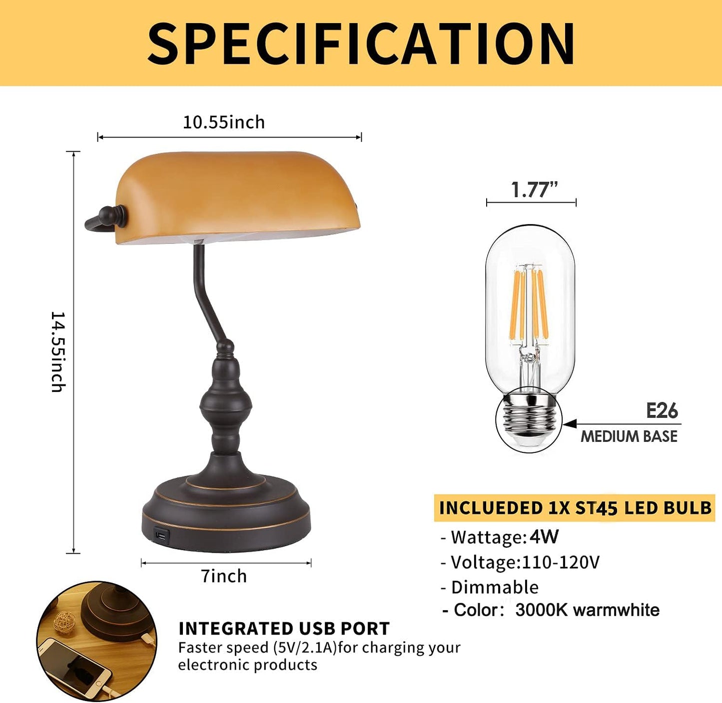 Banker Desk Lamp Touch Control, Oil Rubbed Bronze | 3 Way Dimmable Banker's Desk Lamp, USB-A Port, Amber Glass Shade