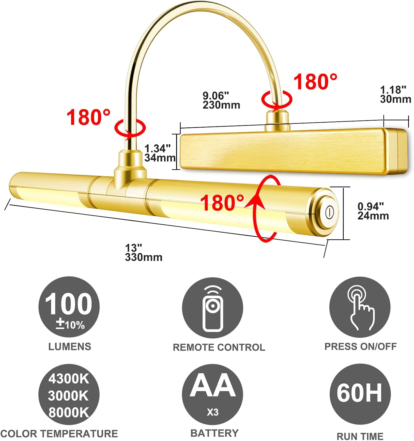 LUXSWAY Wireless Picture Light with Remote Control,Battery Operated Painting Light with Dimmable & Timer,180°